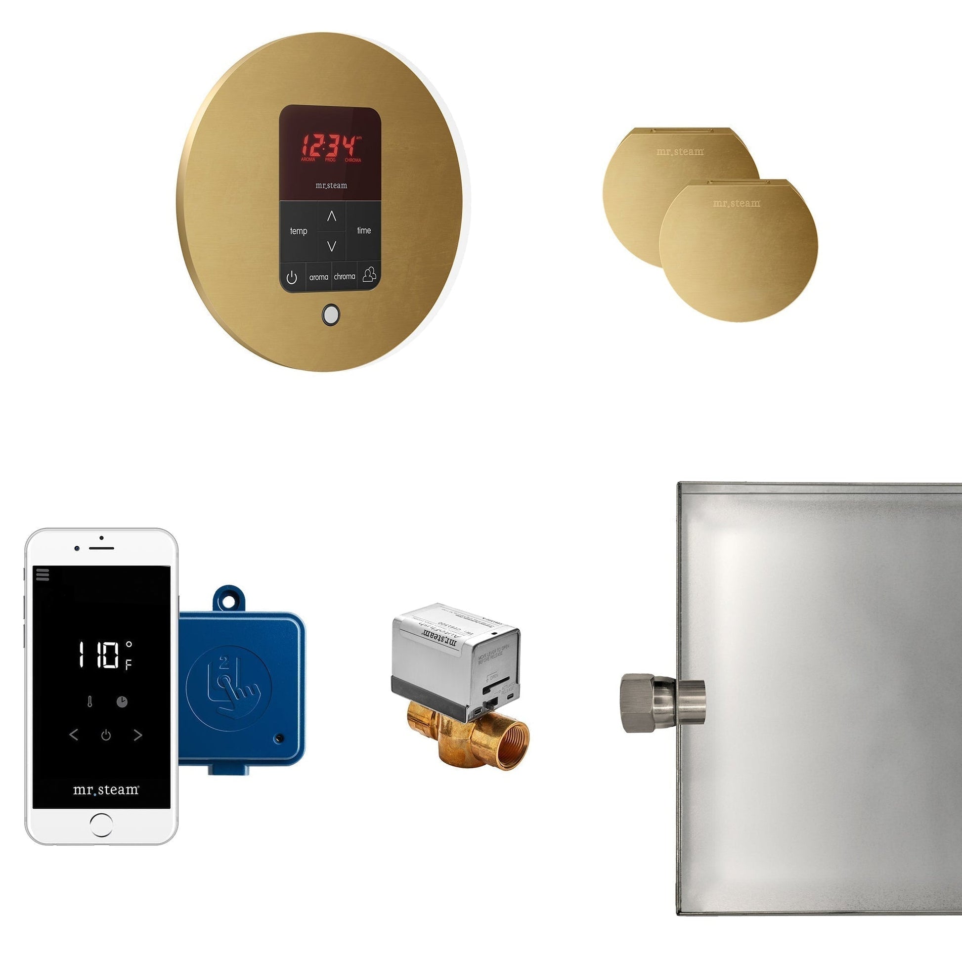 MrSteam Butler 36 x 12 x 12 Custom Plated Max Steam Generator Control Kit Package in Round with Autoflush, Condensation Pan, Steamlinx, Steamhead