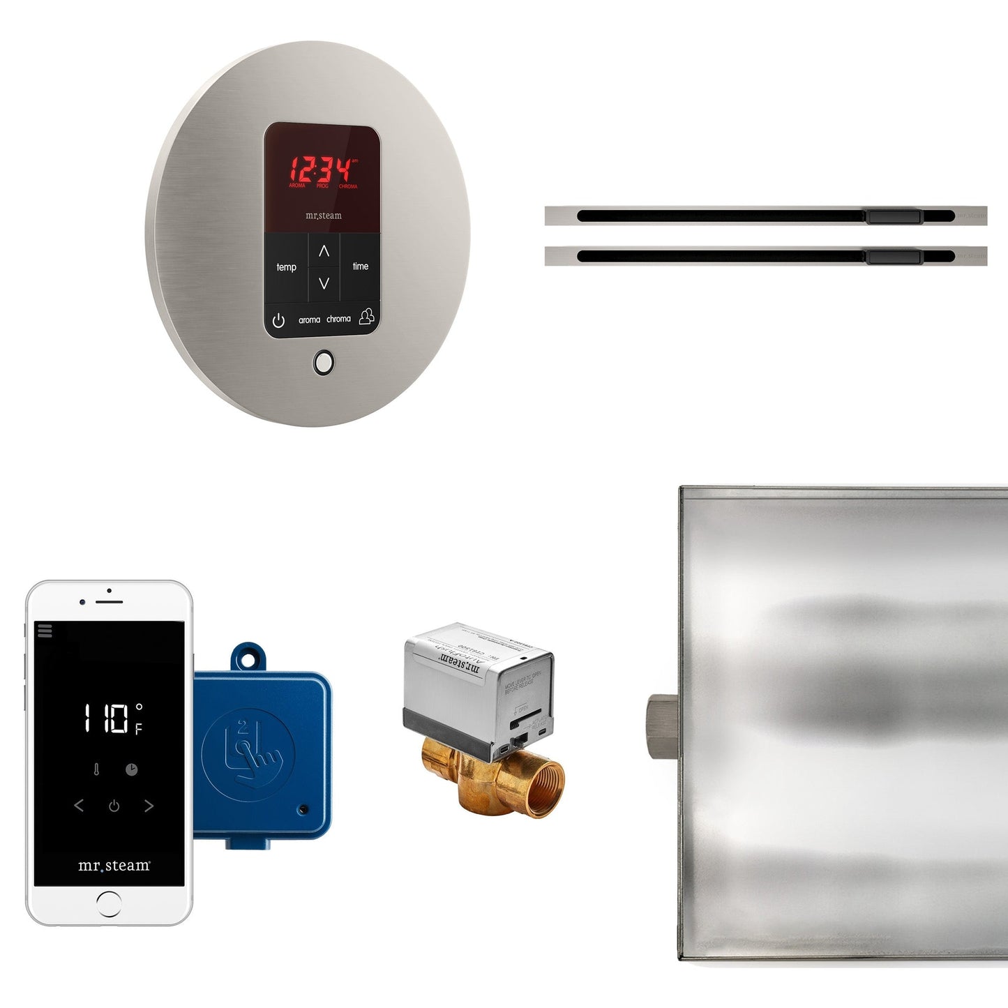 MrSteam Butler 36" x 12" x 12" Max Linear Steam Generator Control Kit Package in Round Brushed Nickel with Autoflush, Condensation Pan, Steamlinx, Steamhead