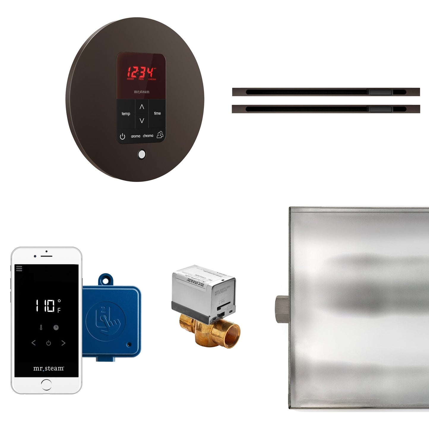 MrSteam Butler 36" x 12" x 12" Max Linear Steam Generator Control Kit Package in Round Oil Rubbed Bronze with Autoflush, Condensation Pan, Steamlinx, Steamhead
