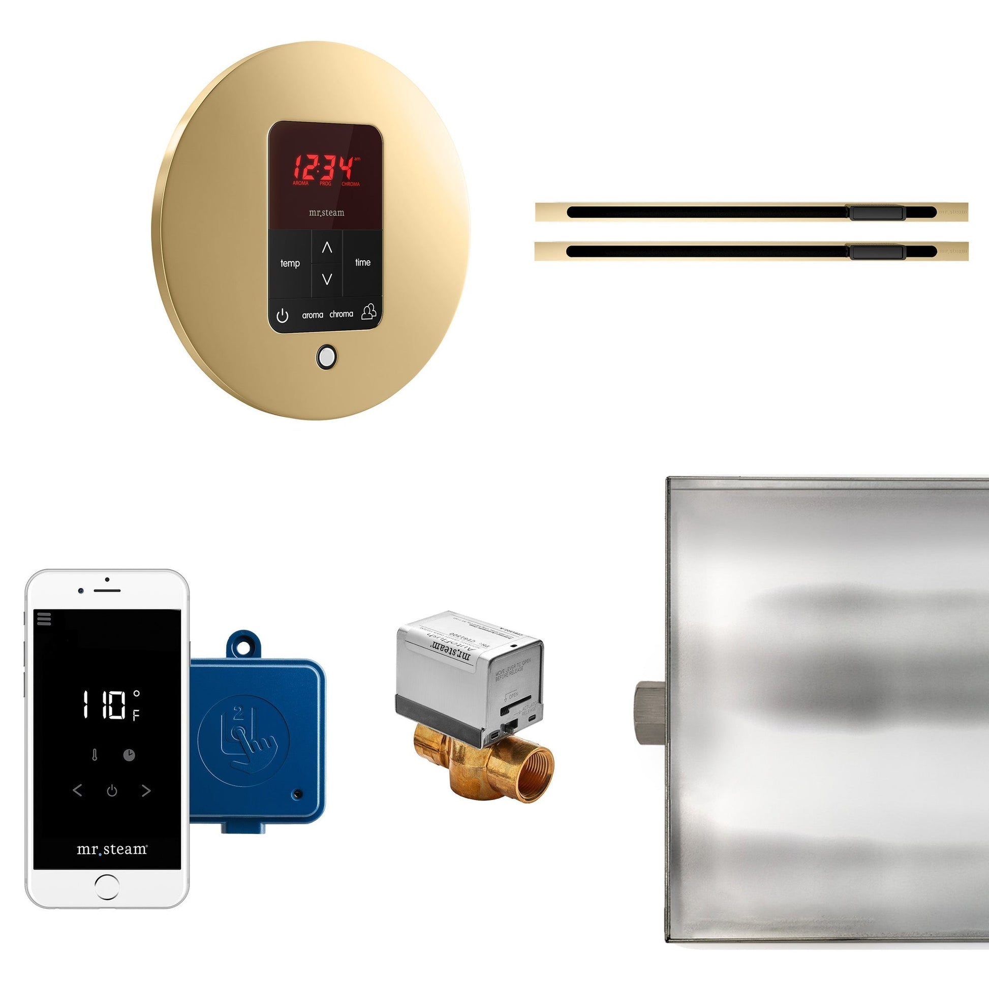 MrSteam Butler 36" x 12" x 12" Max Linear Steam Generator Control Kit Package in Round Polished Brass with Autoflush, Condensation Pan, Steamlinx, Steamhead