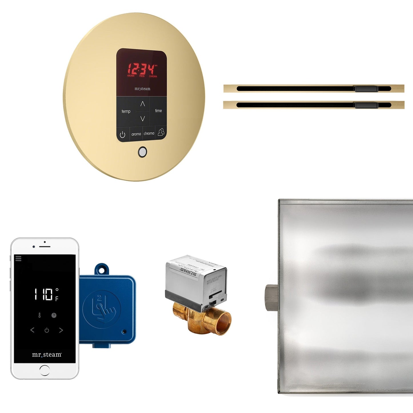 MrSteam Butler 36" x 12" x 12" Max Linear Steam Generator Control Kit Package in Round Satin Brass with Autoflush, Condensation Pan, Steamlinx, Steamhead