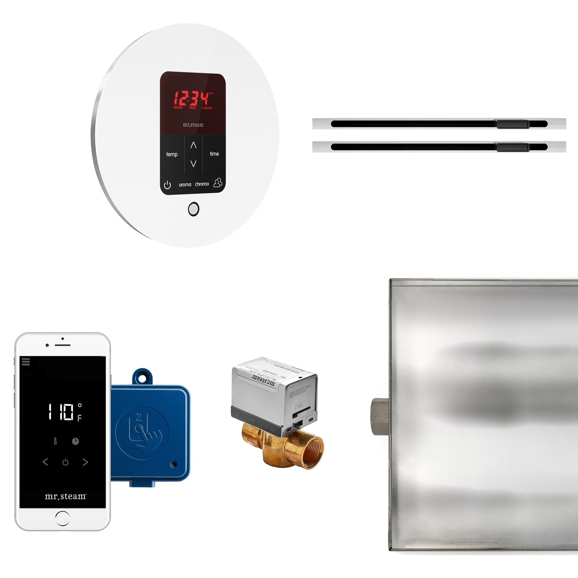MrSteam Butler 36" x 12" x 12" Max Linear Steam Generator Control Kit Package in Round White with Autoflush, Condensation Pan, Steamlinx, Steamhead