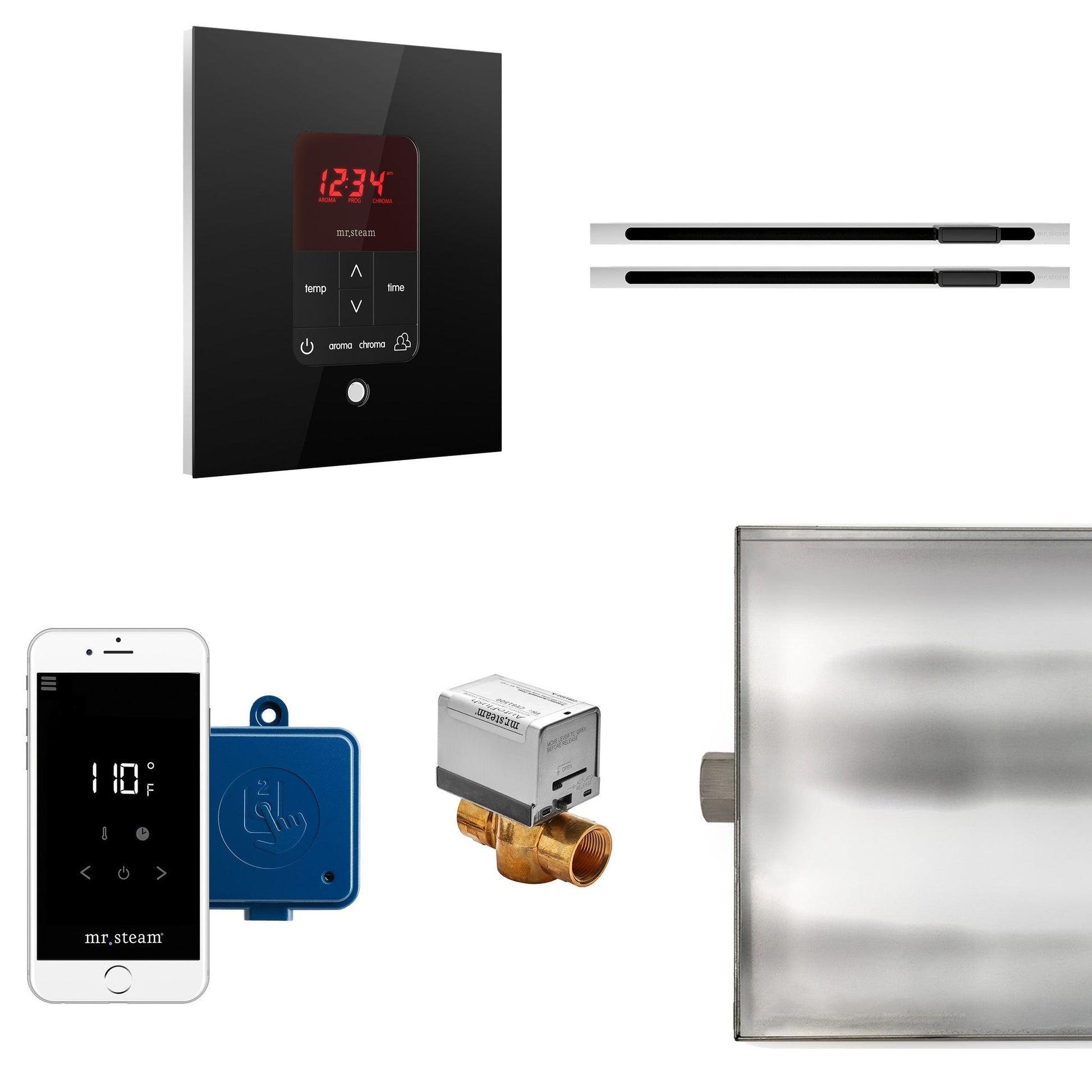 MrSteam Butler 36" x 12" x 12" Max Linear Steam Generator Control Kit Package in Square Black with Autoflush, Condensation Pan, Steamlinx, Steamhead
