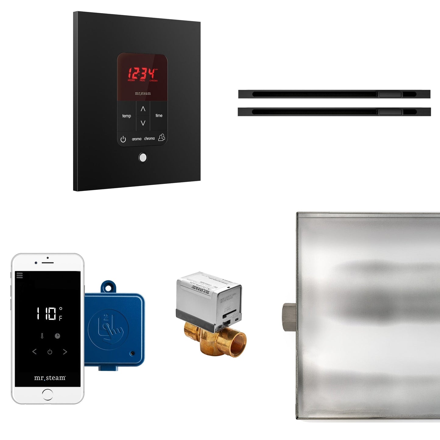 MrSteam Butler 36" x 12" x 12" Max Linear Steam Generator Control Kit Package in Square Matte Black with Autoflush, Condensation Pan, Steamlinx, Steamhead