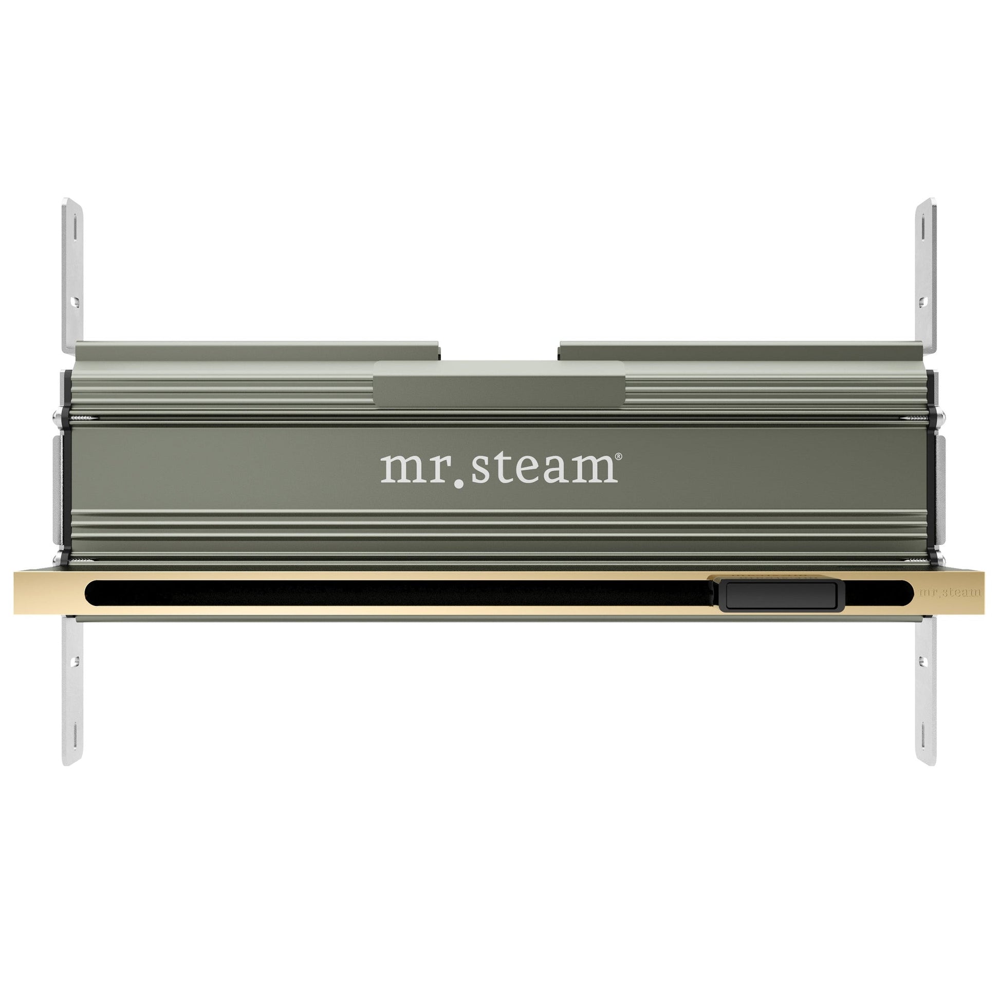 MrSteam Butler 36" x 12" x 12" Max Linear Steam Generator Control Kit Package in Square Polished Brass with Autoflush, Condensation Pan, Steamlinx, Steamhead
