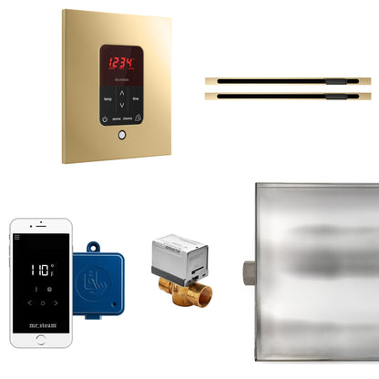 MrSteam Butler 36" x 12" x 12" Max Linear Steam Generator Control Kit Package in Square Polished Brass with Autoflush, Condensation Pan, Steamlinx, Steamhead