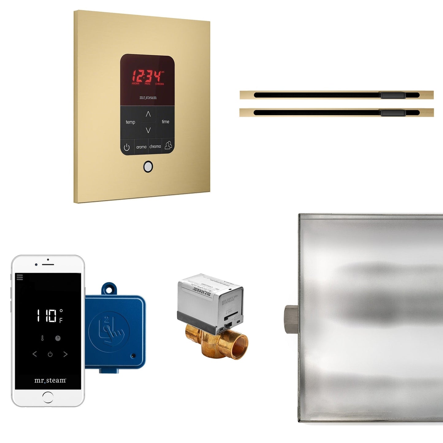 MrSteam Butler 36" x 12" x 12" Max Linear Steam Generator Control Kit Package in Square Satin Brass with Autoflush, Condensation Pan, Steamlinx, Steamhead