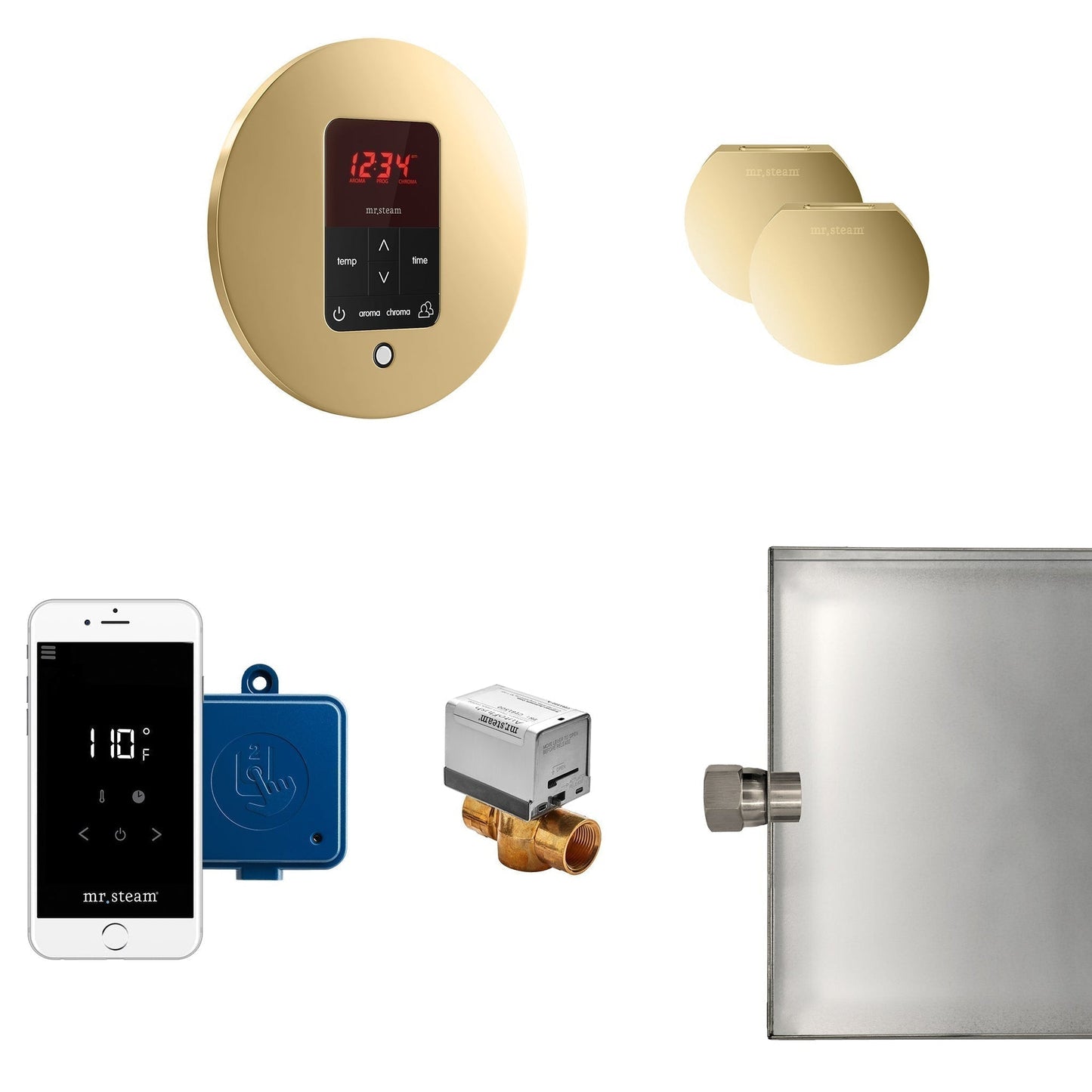 MrSteam Butler 36 x 12 x 12 Polished Brass Max Steam Generator Control Kit Package in Round with Autoflush, Condensation Pan, Steamlinx, Steamhead