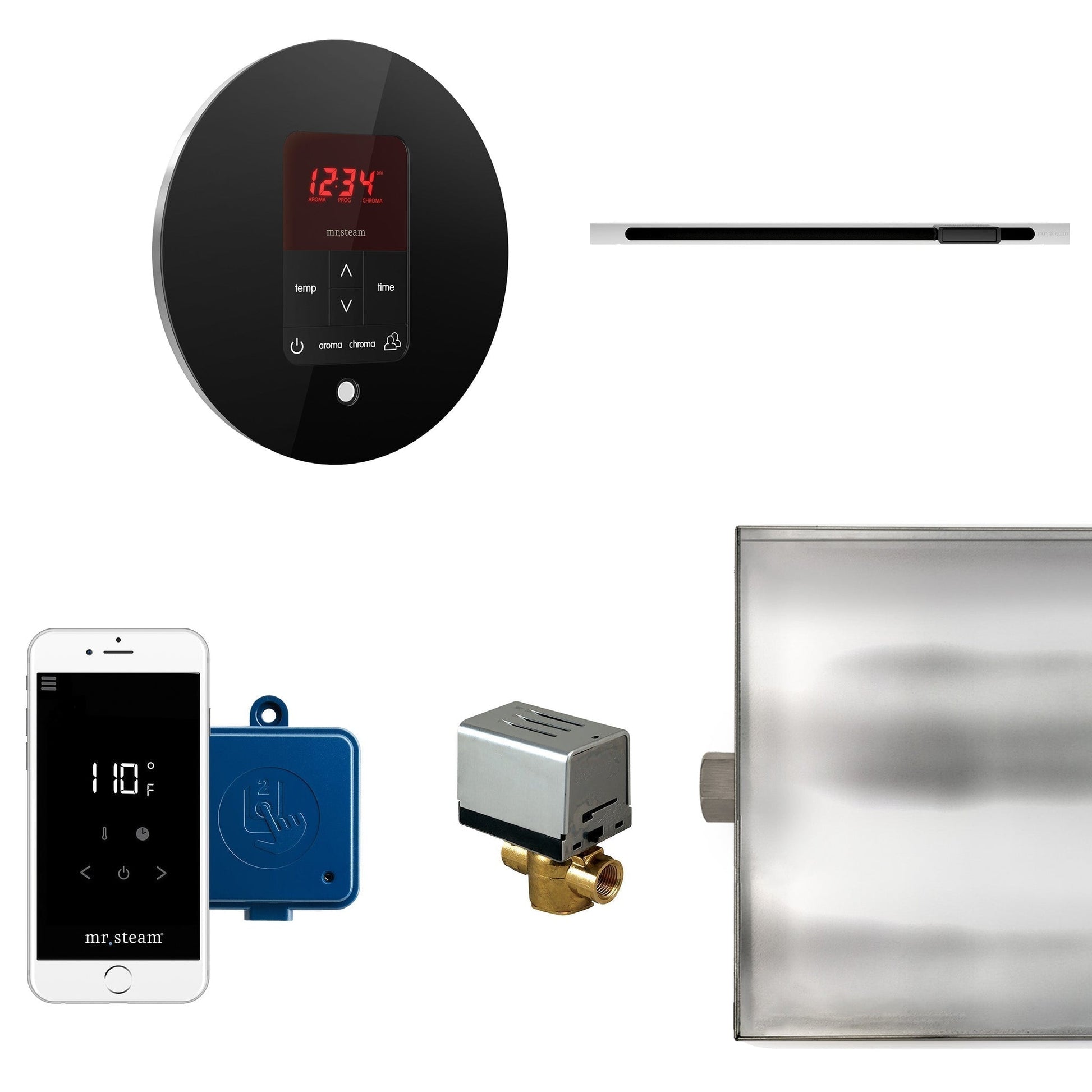 MrSteam Butler Linear 28" x 13" x 11" Steam Generator Control Kit Package in Round Black with Autoflush, Condensation Pan, Steamlinx, Steamhead