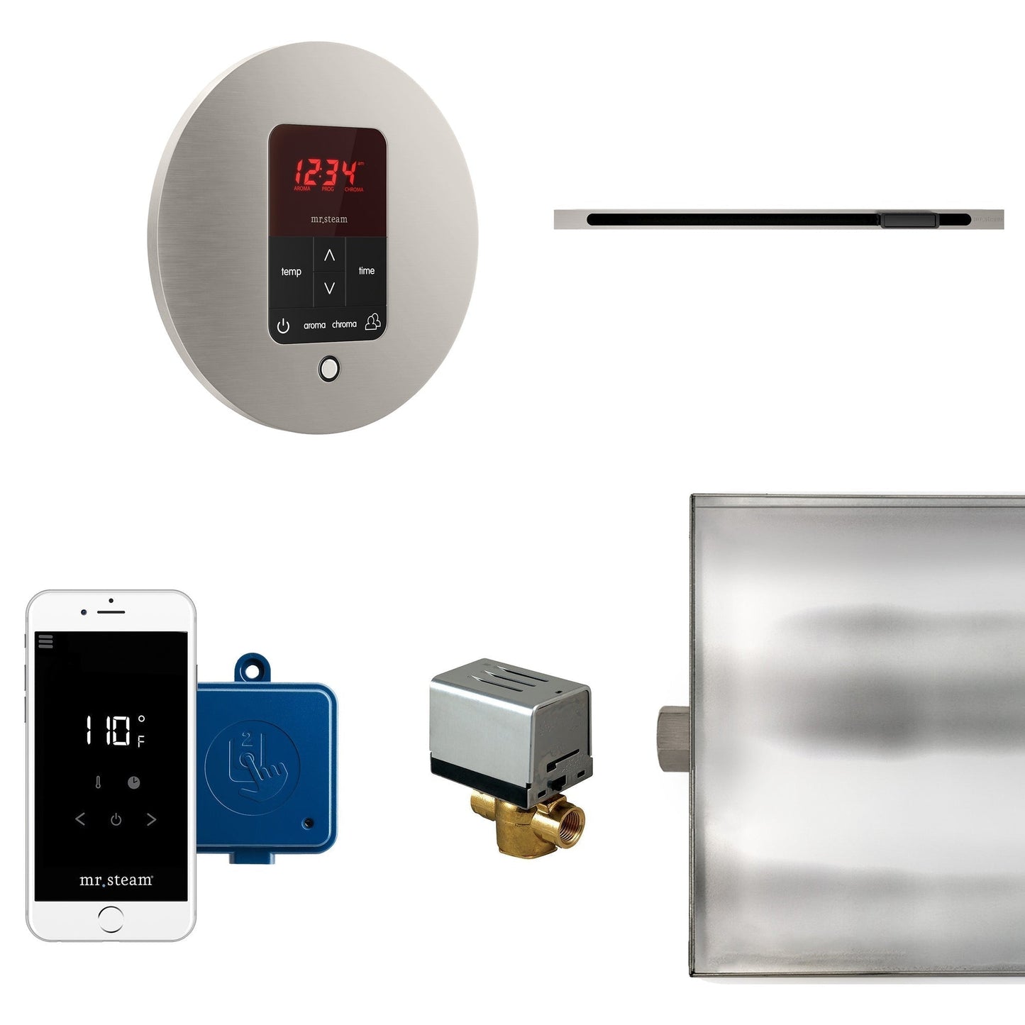 MrSteam Butler Linear 28" x 13" x 11" Steam Generator Control Kit Package in Round Brushed Nickel with Autoflush, Condensation Pan, Steamlinx, Steamhead