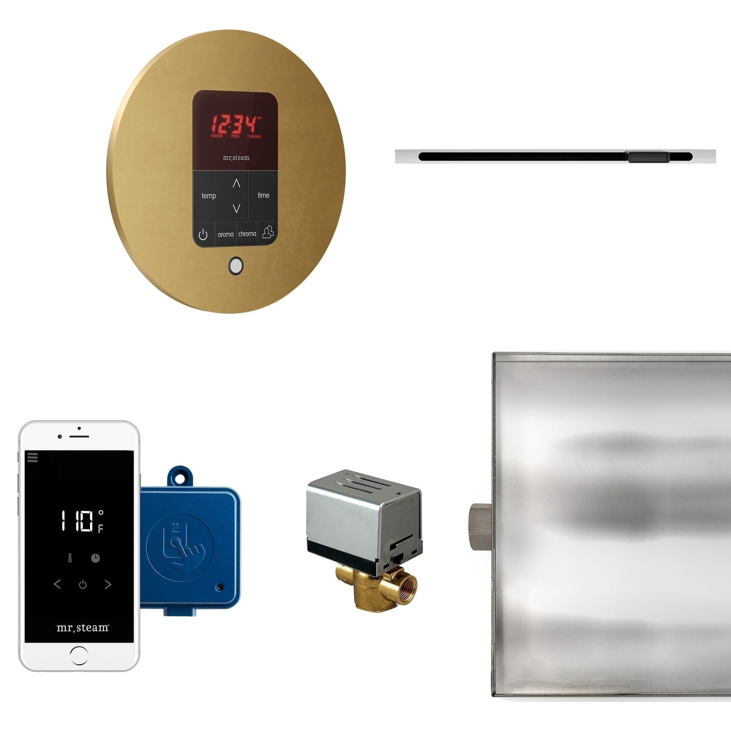 MrSteam Butler Linear 28" x 13" x 11" Steam Generator Control Kit Package in Round Custom Plating with Autoflush, Condensation Pan, Steamlinx, Steamhead