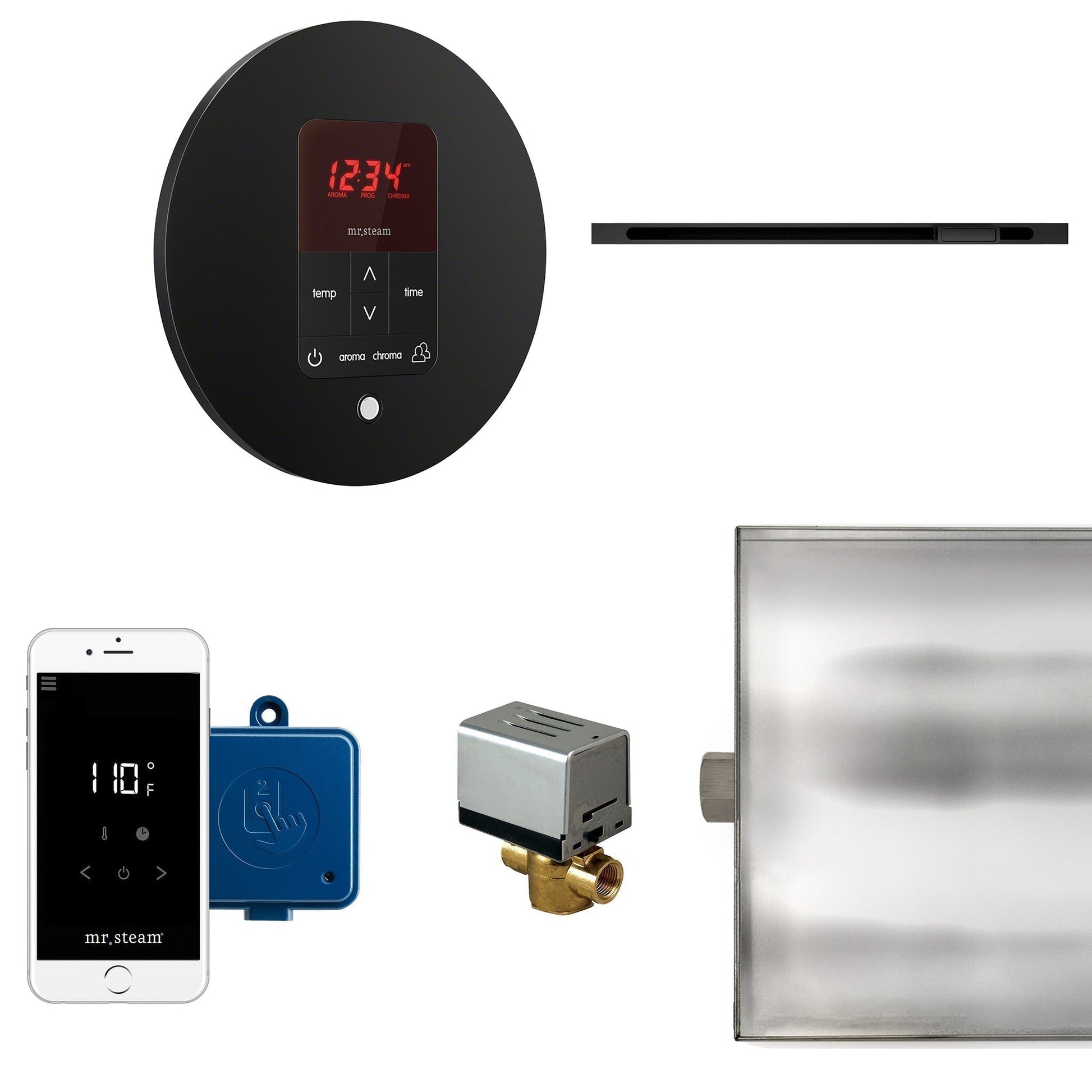 MrSteam Butler Linear 28" x 13" x 11" Steam Generator Control Kit Package in Round Matte Black with Autoflush, Condensation Pan, Steamlinx, Steamhead