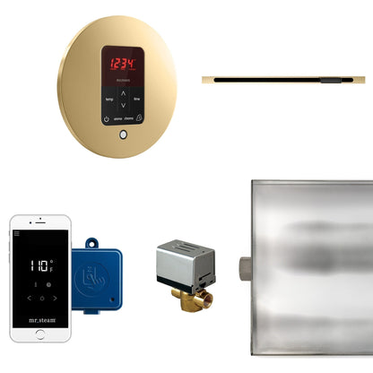 MrSteam Butler Linear 28" x 13" x 11" Steam Generator Control Kit Package in Round Polished Brass with Autoflush, Condensation Pan, Steamlinx, Steamhead