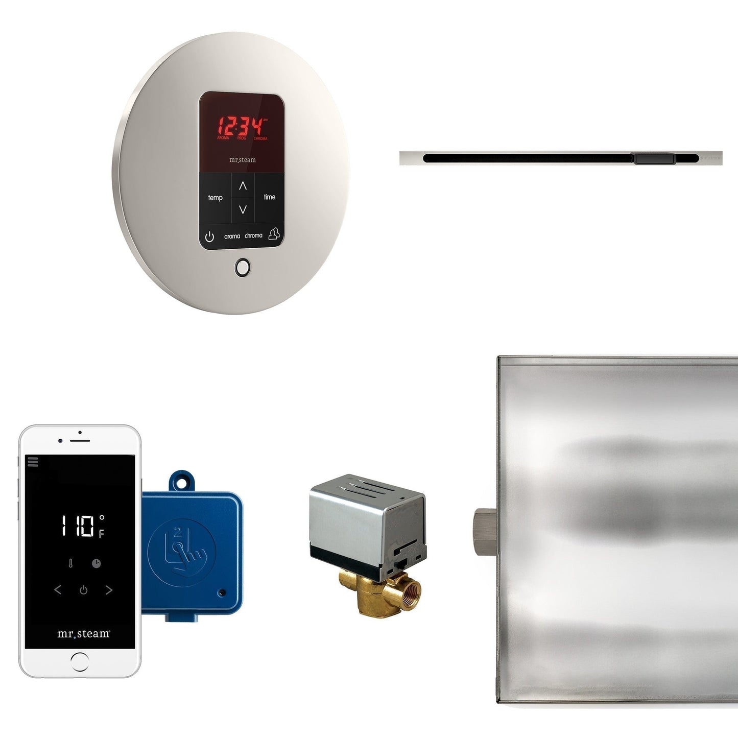 MrSteam Butler Linear 28" x 13" x 11" Steam Generator Control Kit Package in Round Polished Nickel with Autoflush, Condensation Pan, Steamlinx, Steamhead