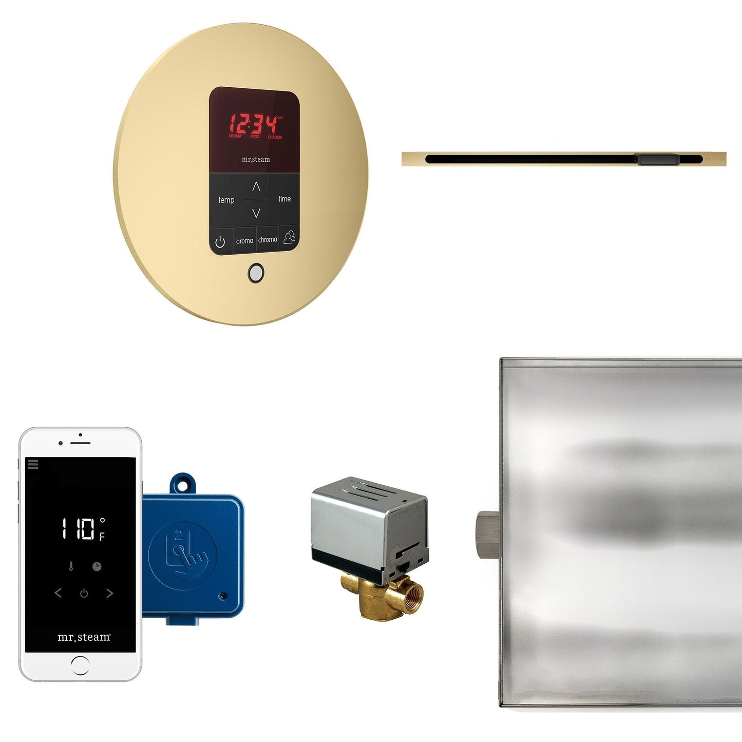 MrSteam Butler Linear 28" x 13" x 11" Steam Generator Control Kit Package in Round Satin Brass with Autoflush, Condensation Pan, Steamlinx, Steamhead
