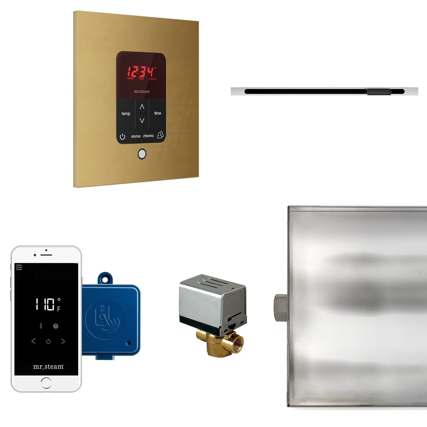 MrSteam Butler Linear 28" x 13" x 11" Steam Generator Control Kit Package in Square Custom Plating with Autoflush, Condensation Pan, Steamlinx, Steamhead