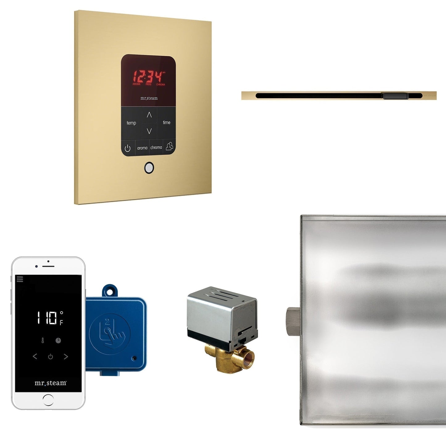 MrSteam Butler Linear 28" x 13" x 11" Steam Generator Control Kit Package in Square Satin Brass with Autoflush, Condensation Pan, Steamlinx, Steamhead