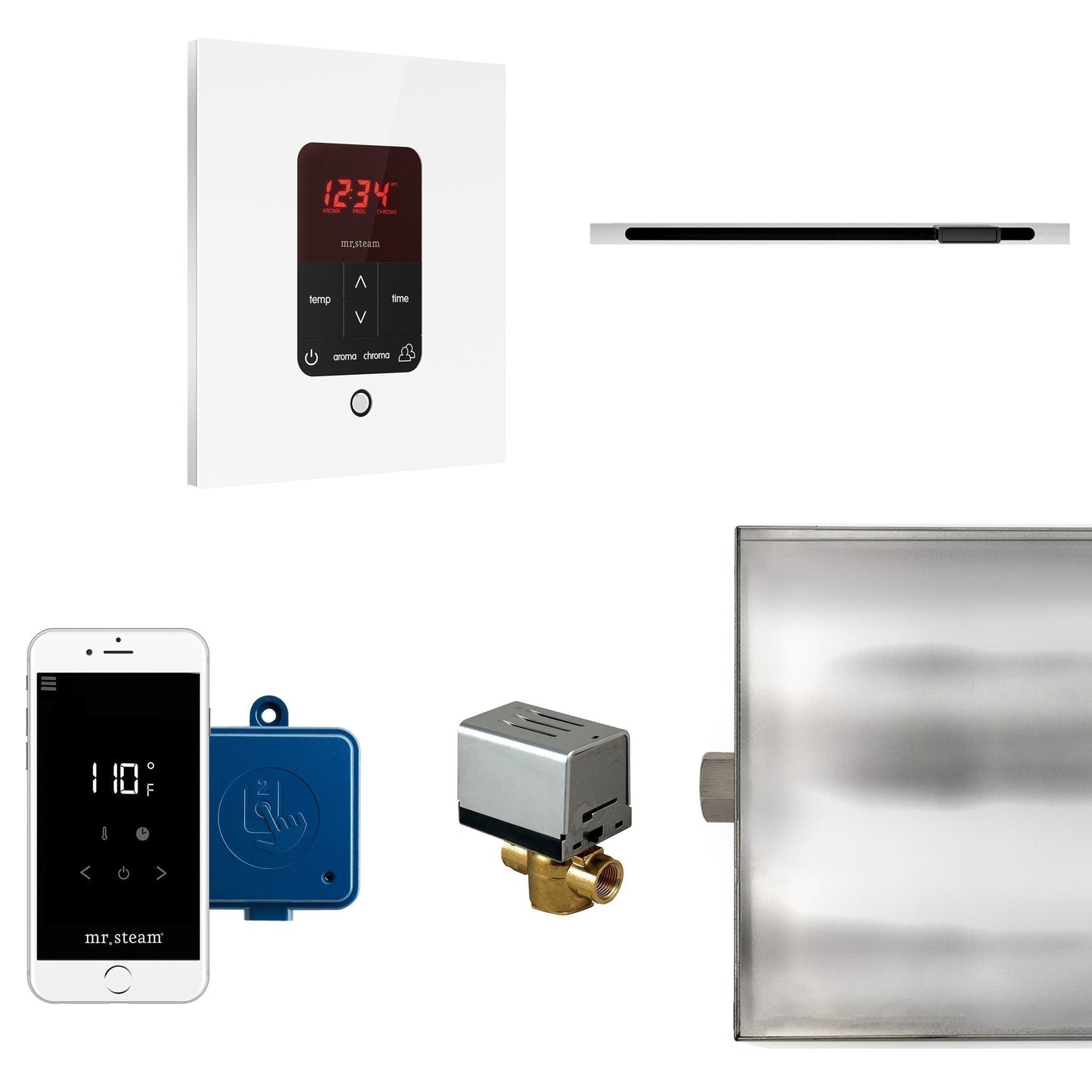 MrSteam Butler Linear 28" x 13" x 11" Steam Generator Control Kit Package in Square White with Autoflush, Condensation Pan, Steamlinx, Steamhead