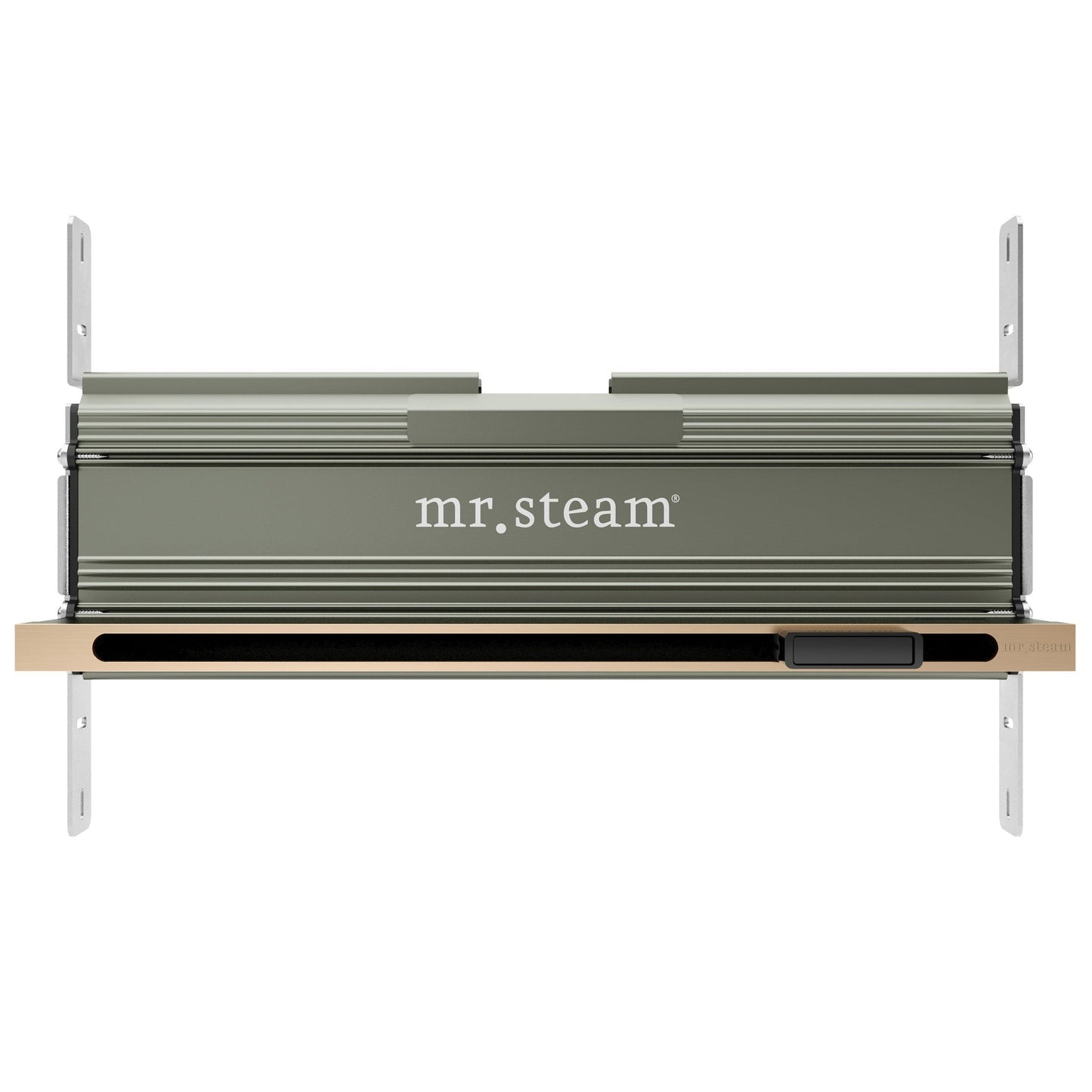 MrSteam iButler 28" x 13" x 11" Brushed Bronze Linear Steam Generator Control Kit Package in Black with Autoflush, Condensation Pan, Steamlinx, Steamhead