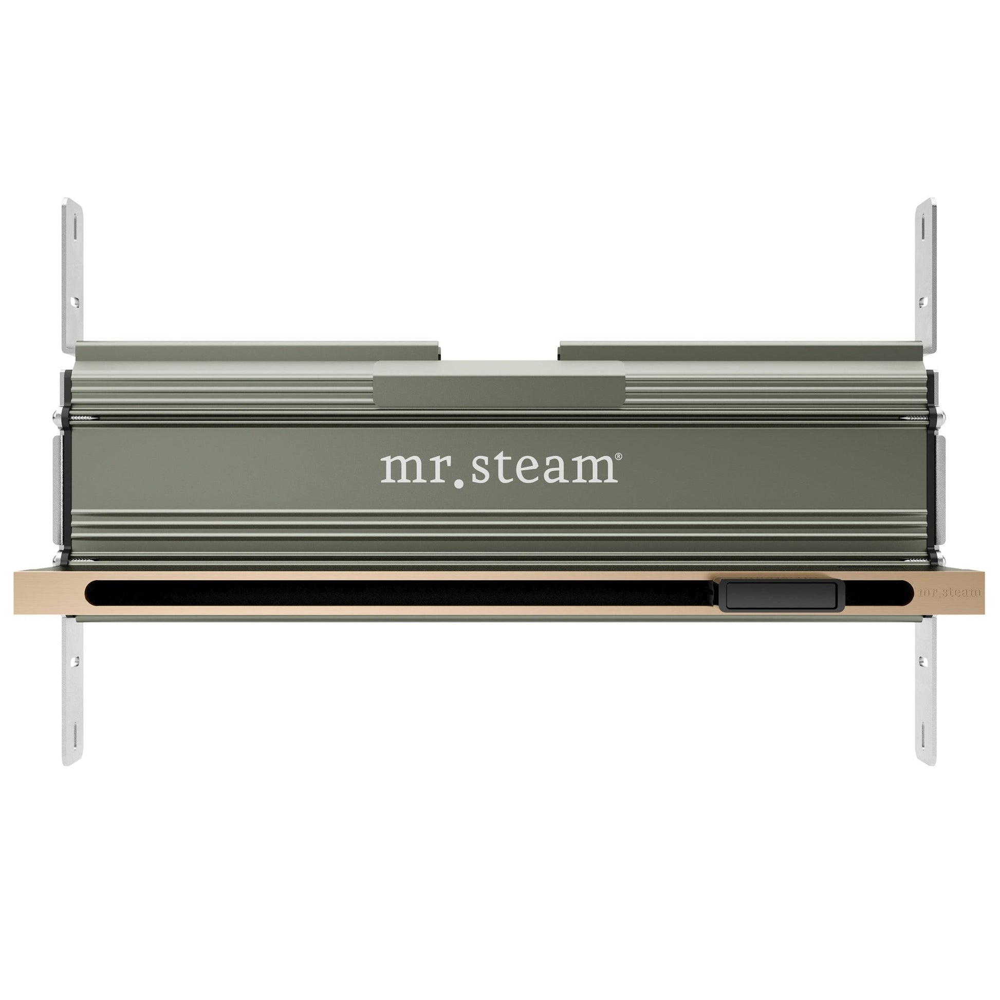 MrSteam iButler 28" x 13" x 11" Brushed Bronze Linear Steam Generator Control Kit Package in Black with Autoflush, Condensation Pan, Steamlinx, Steamhead