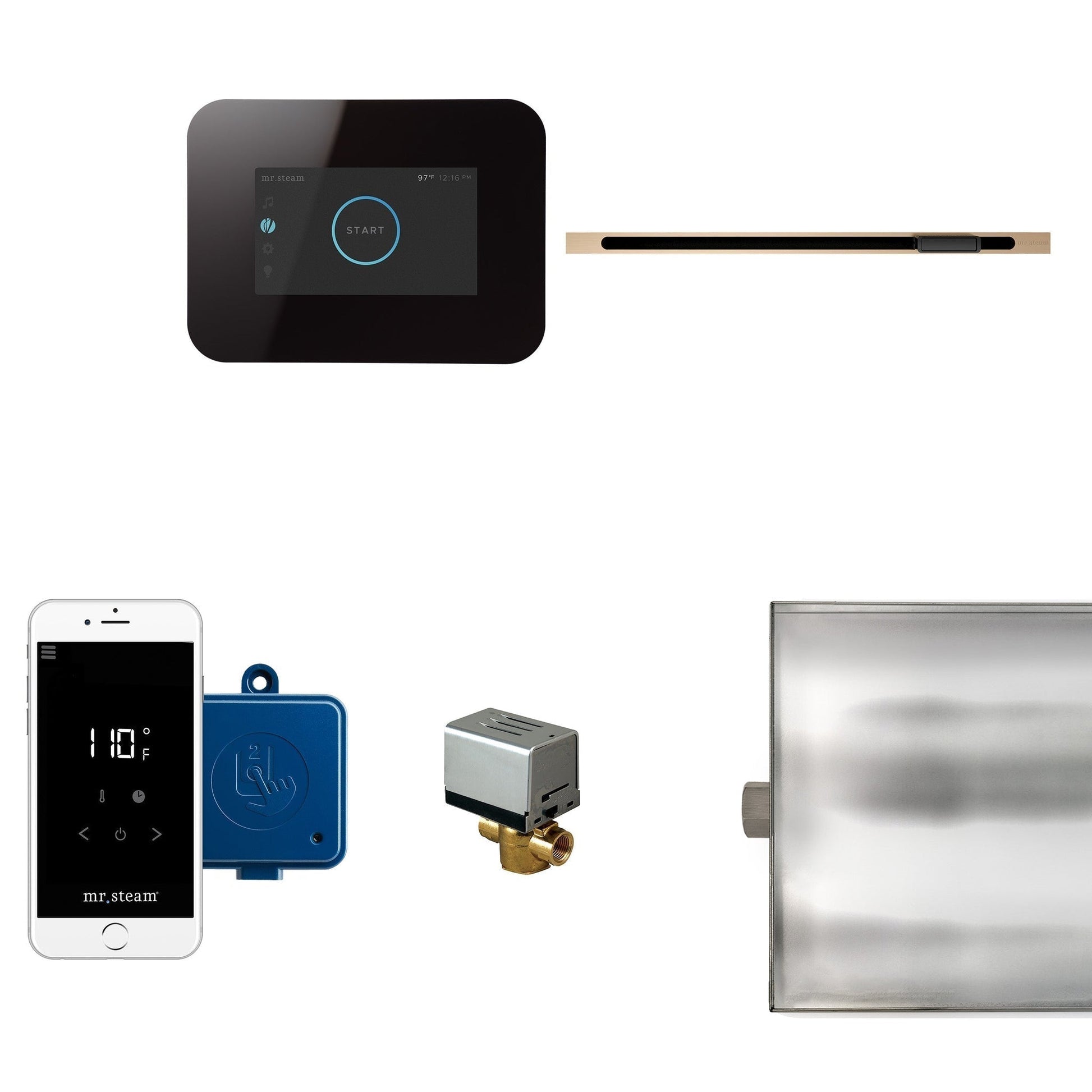 MrSteam iButler 28" x 13" x 11" Brushed Bronze Linear Steam Generator Control Kit Package in Black with Autoflush, Condensation Pan, Steamlinx, Steamhead