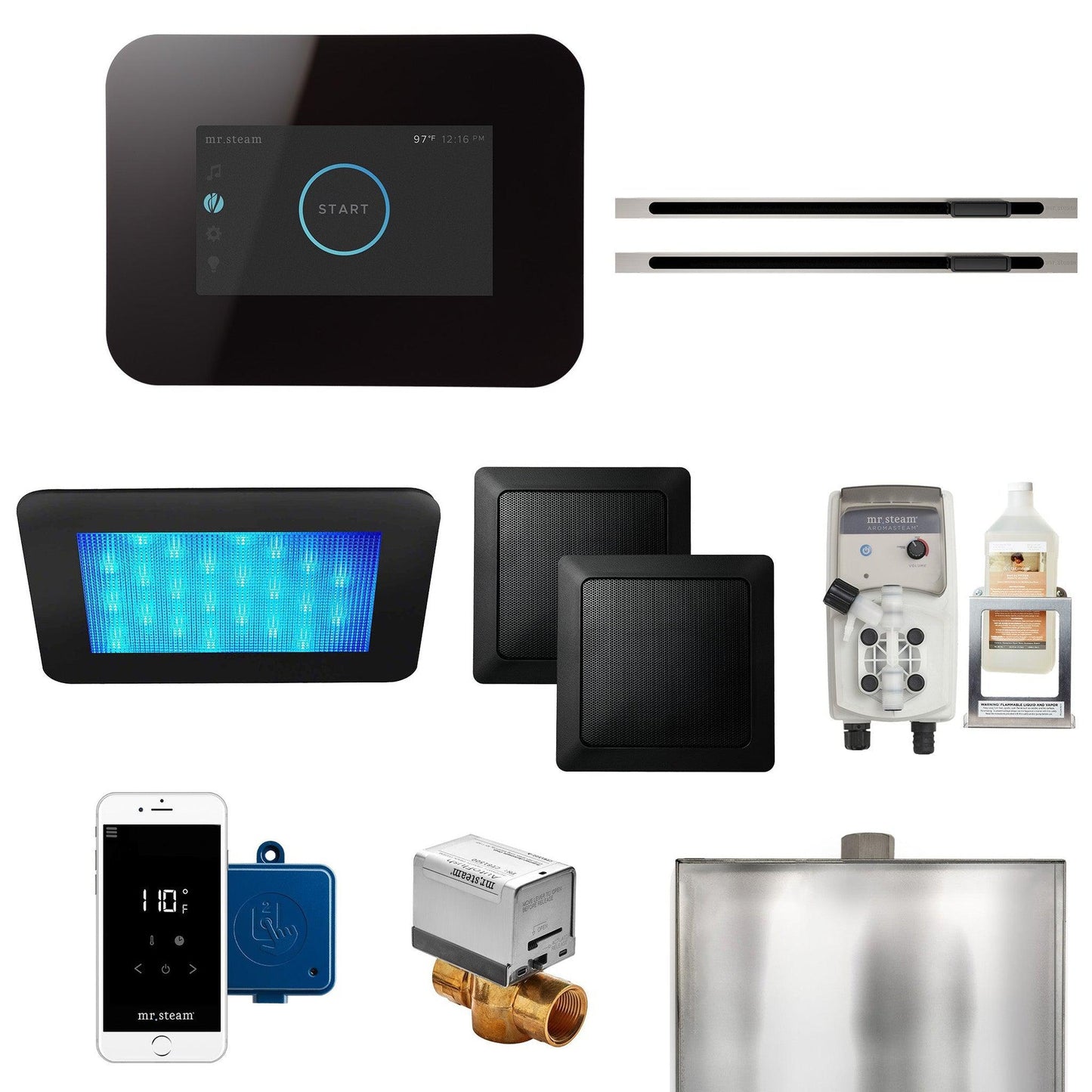 MrSteam iDream 36" x 24" x 18" Black in Max Linear Brushed Nickel Steam Generator Control Kit Package