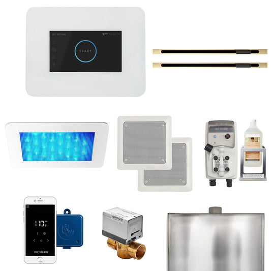 MrSteam iDream 36" x 24" x 18" White in Max Linear Polished Brass Steam Generator Control Kit Package