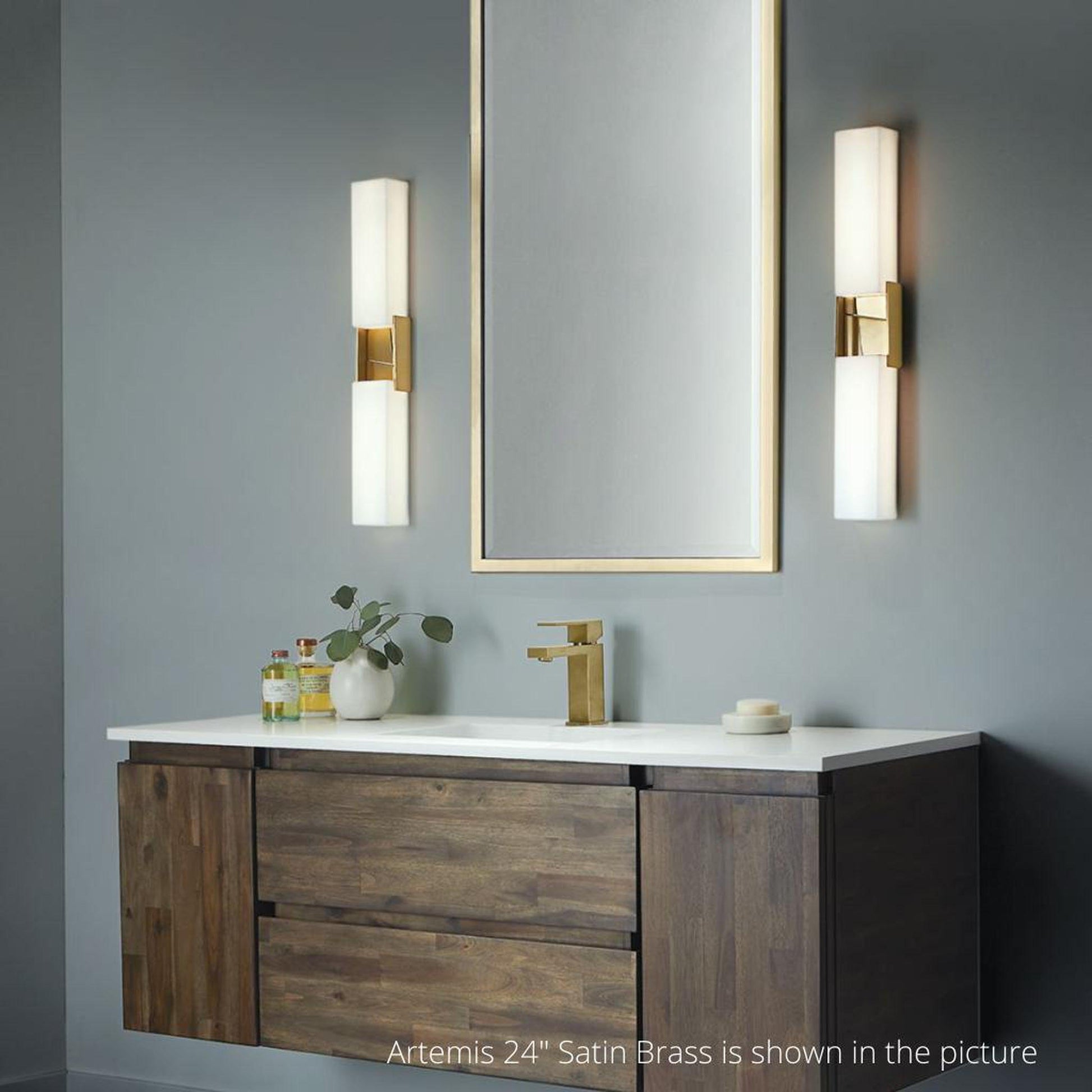 Norwell Lighting Artemis 36" 2-Light Satin Brass LED Vanity Sconce With Matte Opal Acrylic Diffusers