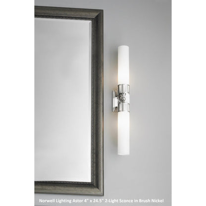 Norwell Lighting Astor 4" x 25" 2-Light Brushed Nickel Horizontal/Vertical Vanity Wall Sconce With Shiny Opal Glass Diffuser