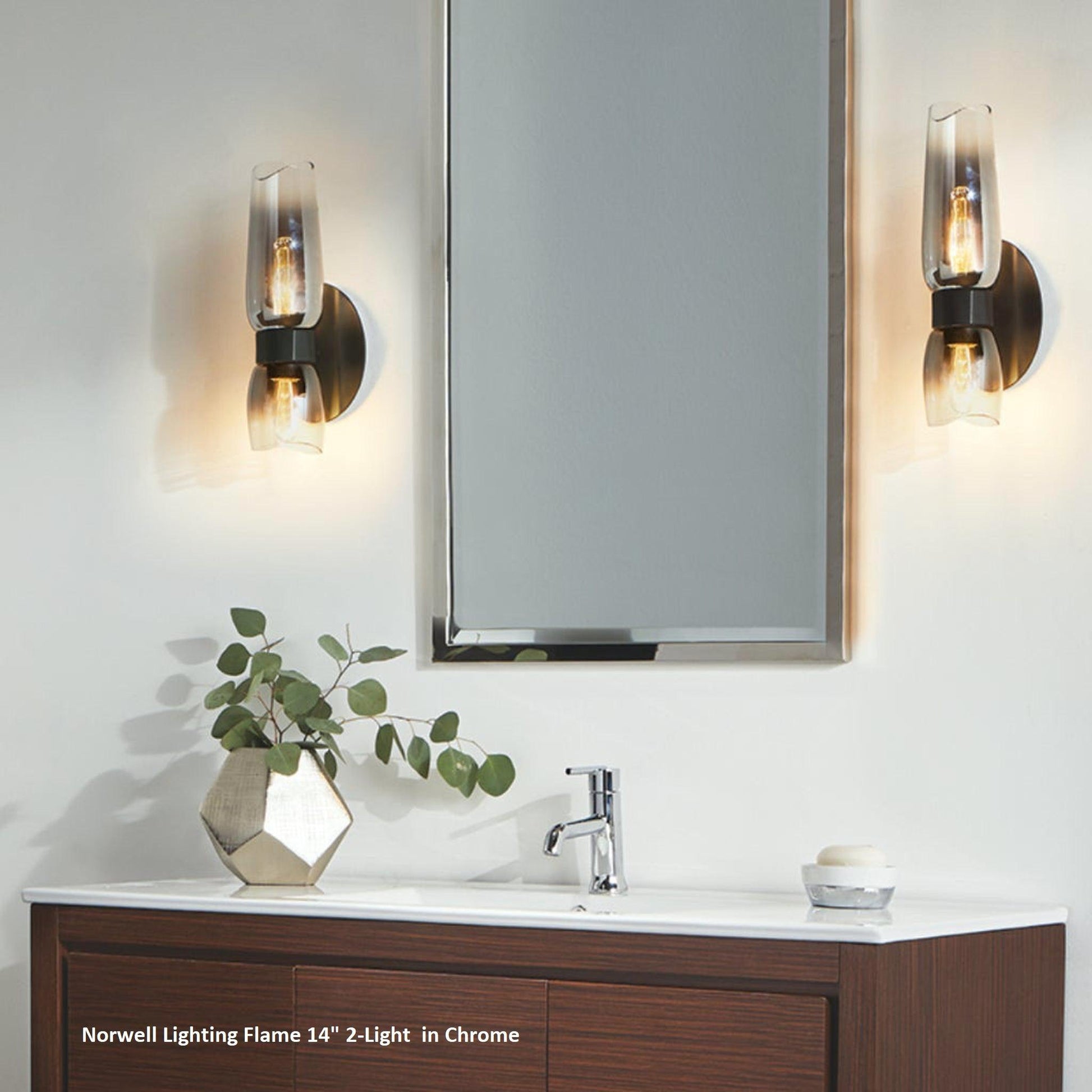 Norwell Lighting Flame 14" 2-Light Chrome Vanity Wall Sconce With Clear/Chrome Gradient Diffuser