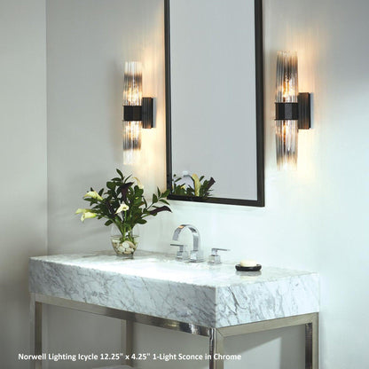 Norwell Lighting Icycle 12" x 4" 1-Light Chrome Vanity Wall Sconce With Clear Frosted Diffuser