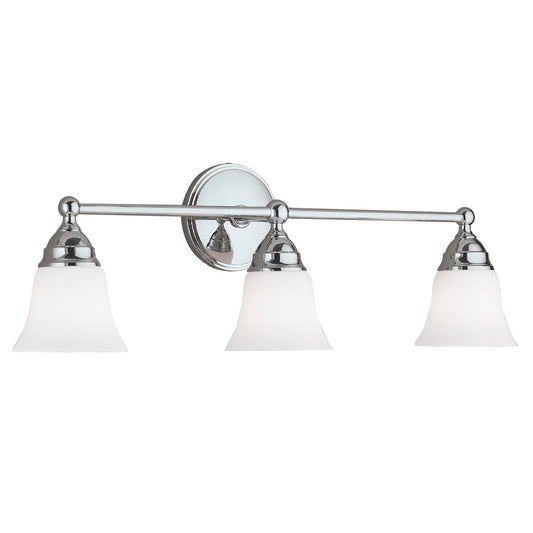 Norwell Lighting Sophie 8" x 24" 3-Light Sconce Chrome Vanity Light With Bell Shiny Opal Glass Diffuser