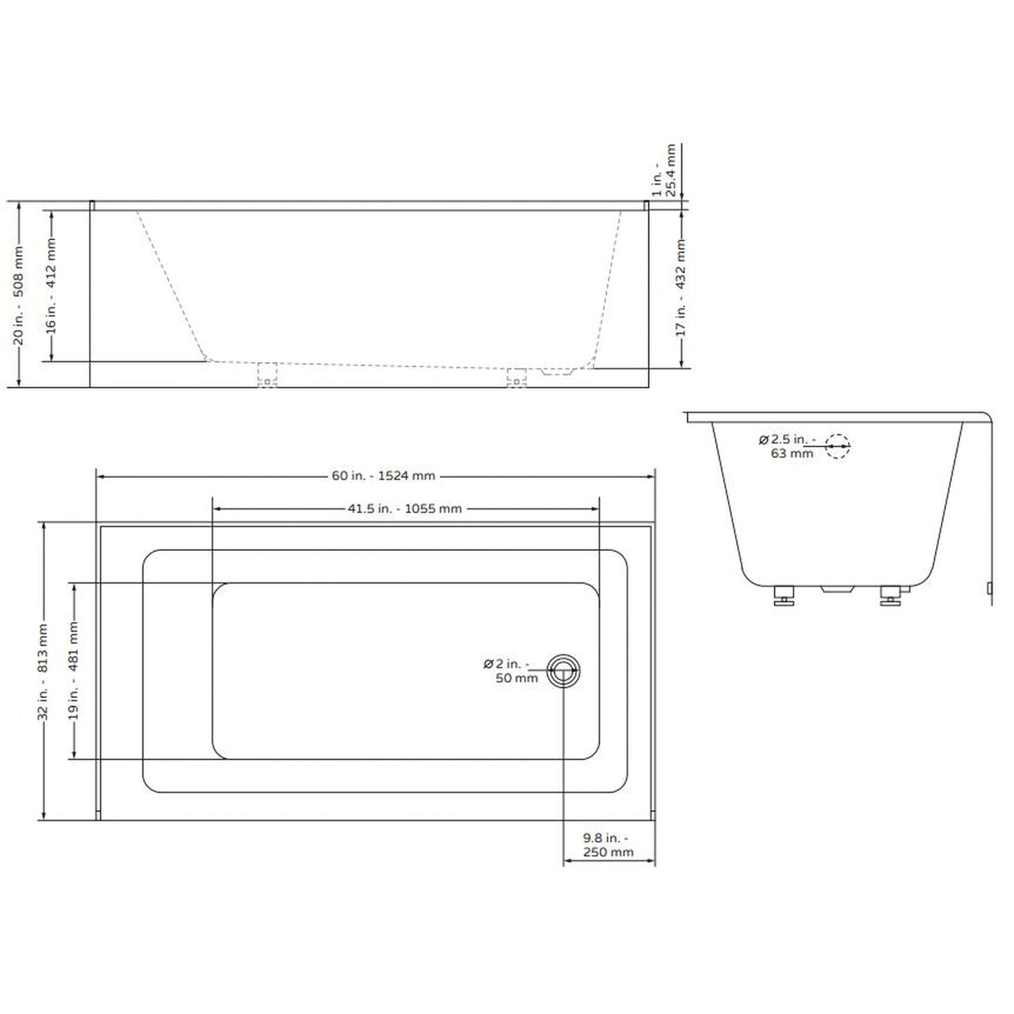 PULSE ShowerSpas 60" W x 32" D Rectangular Glossy White Acrylic Finish Left Drain Placement Alcove Tub