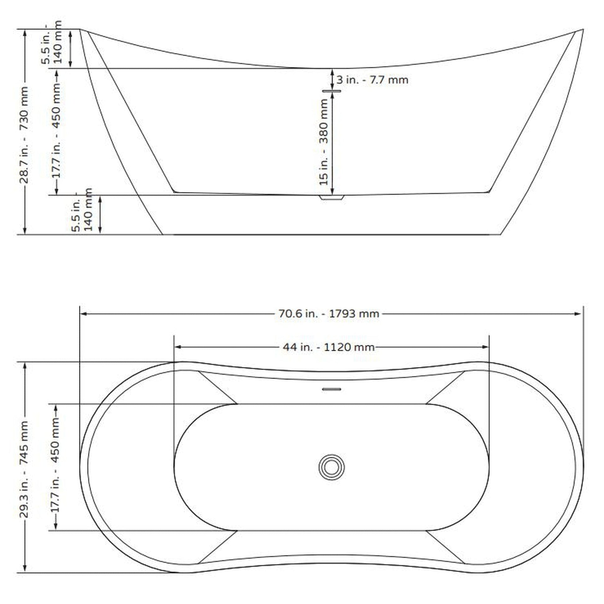 PULSE ShowerSpas 71" W x 29" D Polished White Acrylic Oval Freestanding Tub With Overflow and Stainless Steel Brackets