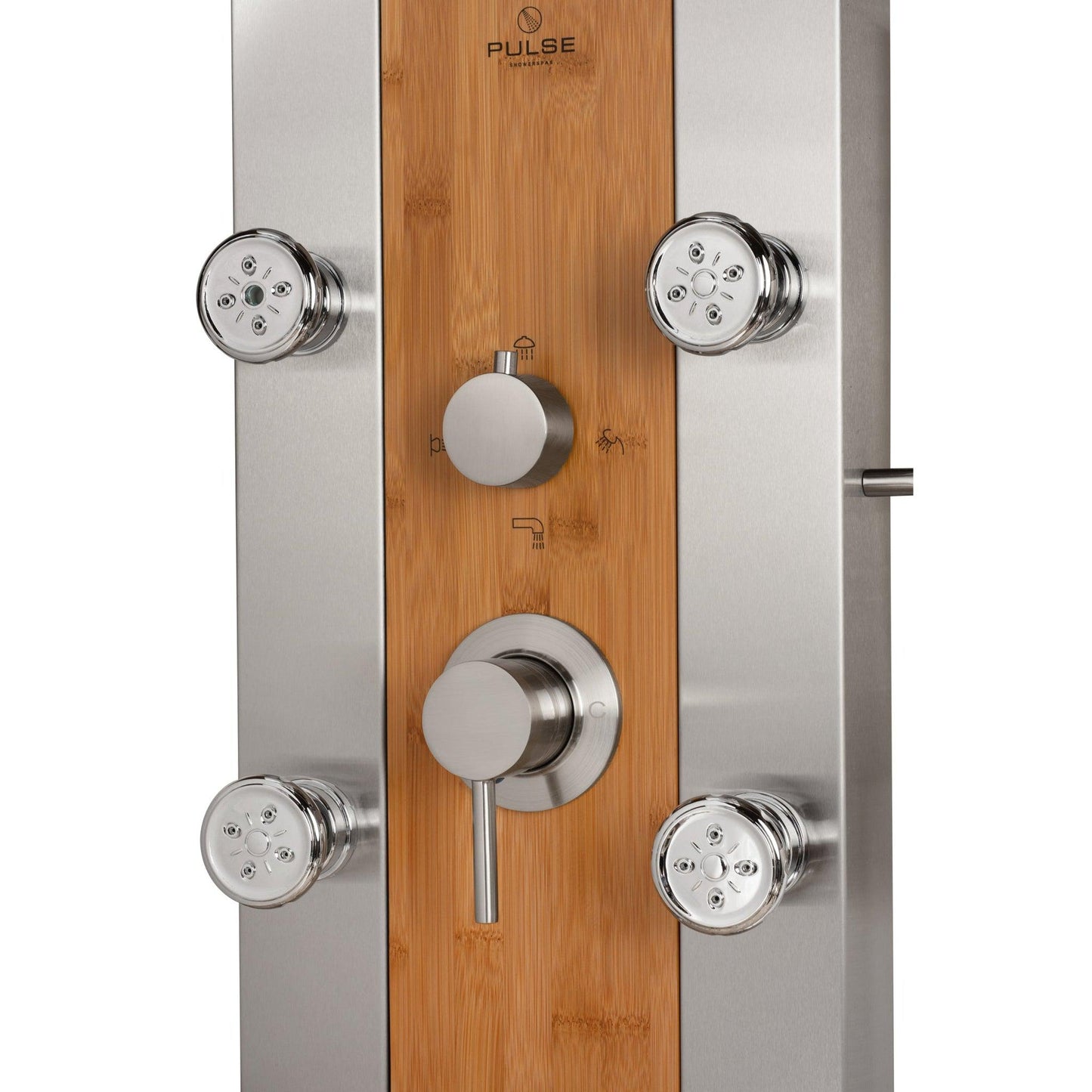 PULSE ShowerSpas Bali 59" Rain Shower Panel in Bamboo and Brushed Stainless Steel Finish With 6-Single Function Body Jets and Hand Shower