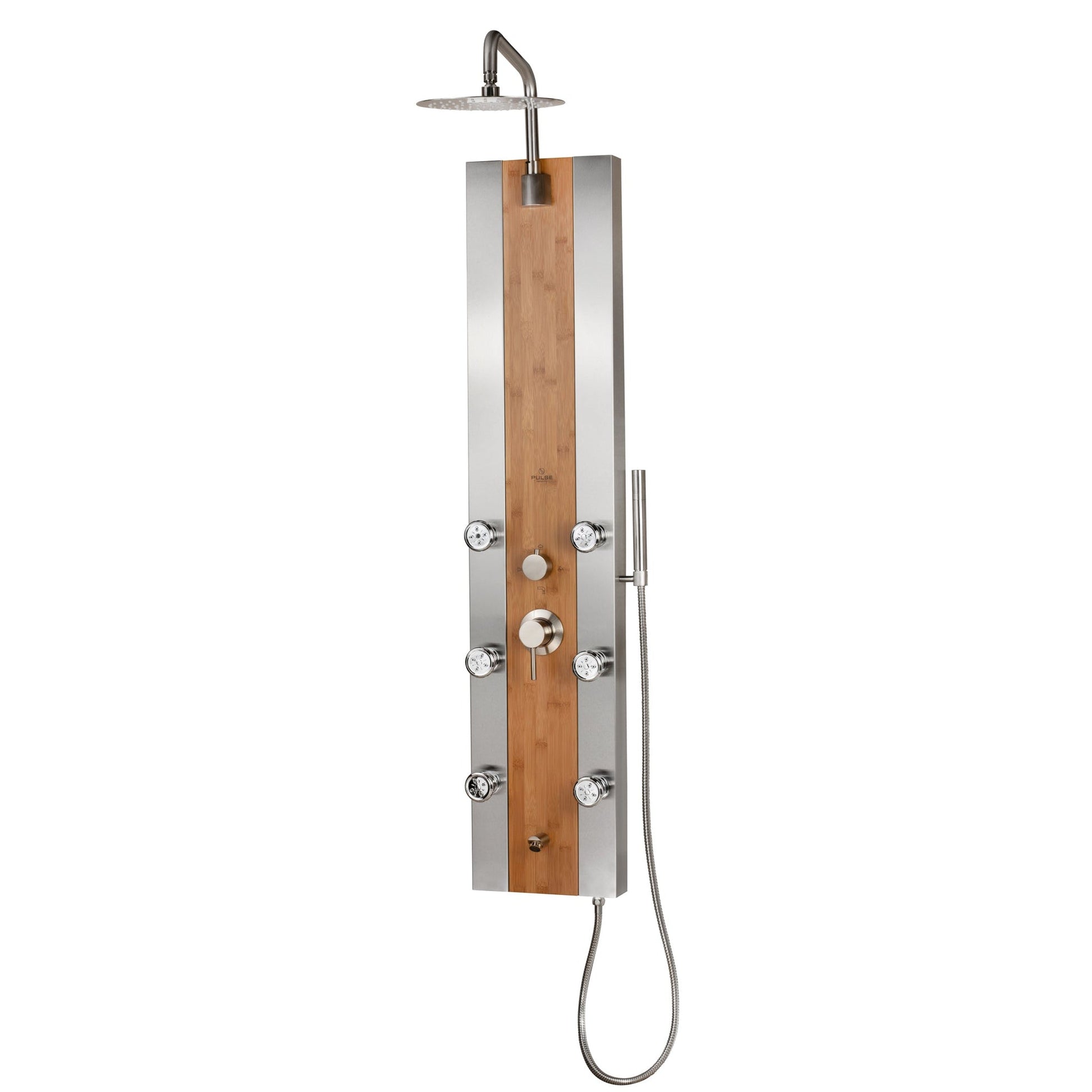 PULSE ShowerSpas Bali 59" Rain Shower Panel in Bamboo and Brushed Stainless Steel Finish With 6-Single Function Body Jets and Hand Shower