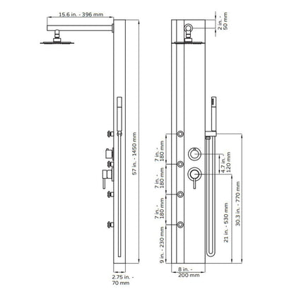 PULSE ShowerSpas Eclipse 57" Rain Shower Panel 1.8 GPM in Bamboo and Matte Black Finish With 4-Body Jet and Handheld Shower