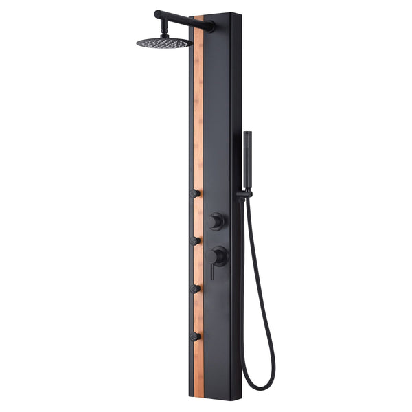 Pulse ShowerSpas Eclipse 57" Rain Shower Panel 1.8 GPM in Bamboo and Matte Black Finish With 4-Body Jet and Handheld Shower