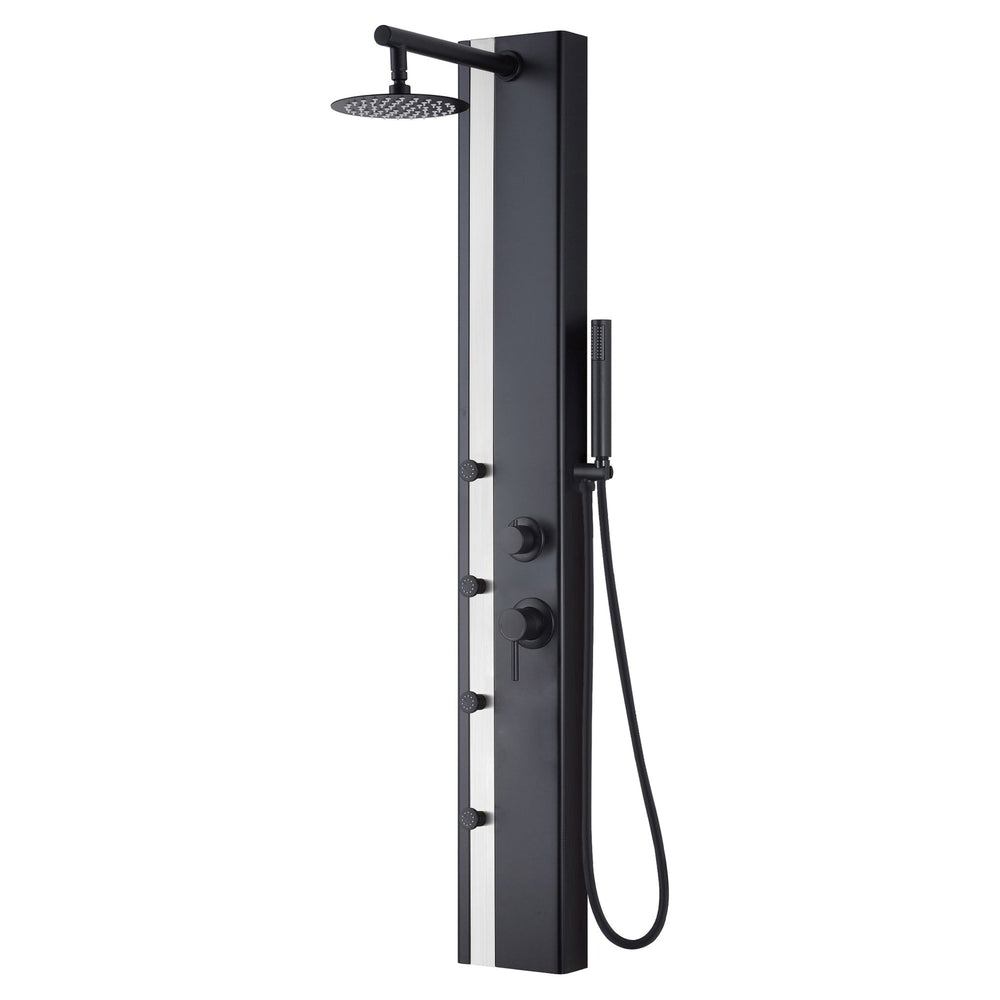 Pulse ShowerSpas Eclipse 57" Rain Shower Panel 1.8 GPM in Matte Black and Brushed Stainless Steel Finish With 4-Body Jet and Handheld Shower