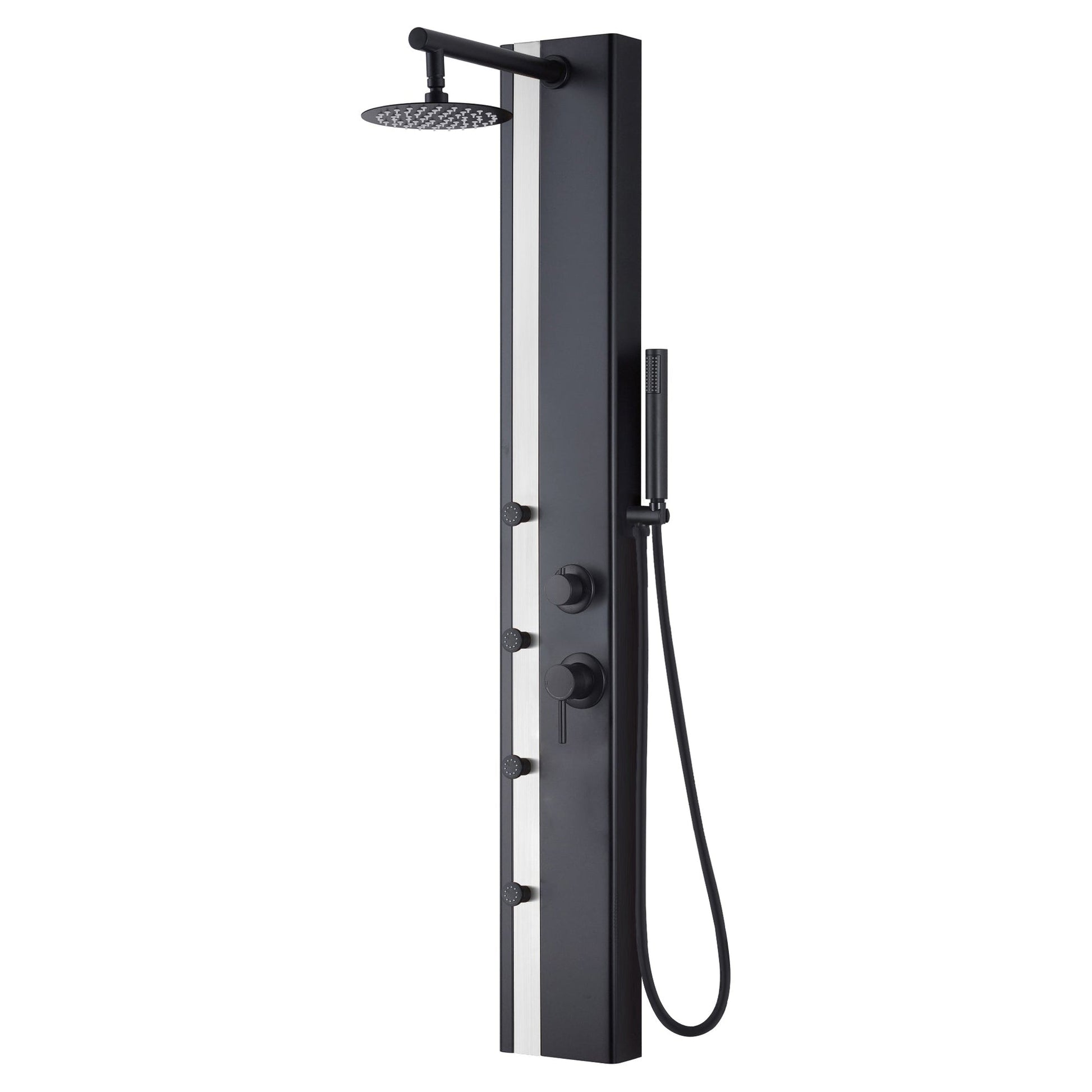 PULSE ShowerSpas Eclipse 57" Rain Shower Panel 1.8 GPM in Matte Black and Brushed Stainless Steel Finish With 4-Body Jet and Handheld Shower