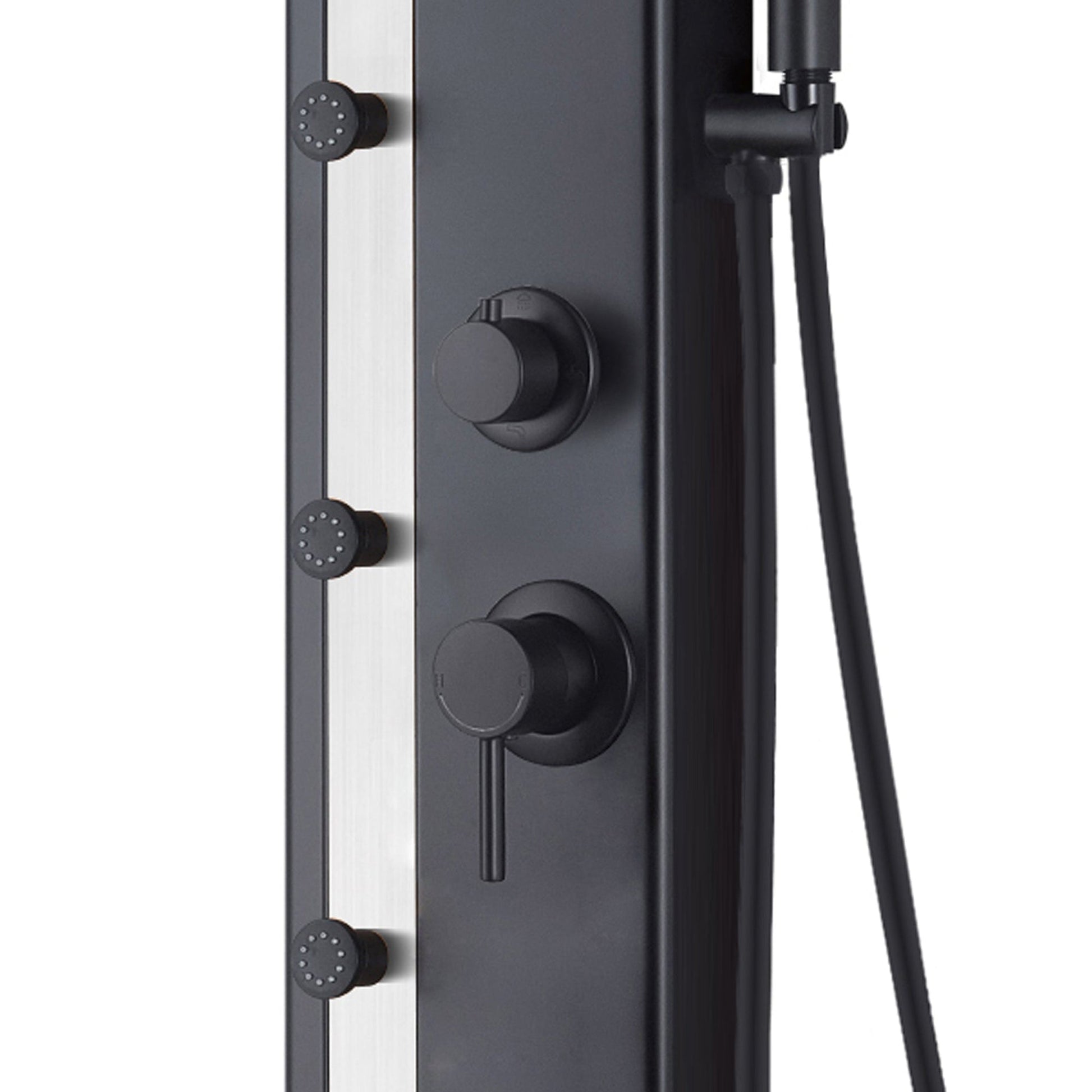 PULSE ShowerSpas Eclipse 57" Rain Shower Panel 2.5 GPM in Matte Black and Brushed Stainless Steel Finish With 4-Body Jet and Handheld Shower