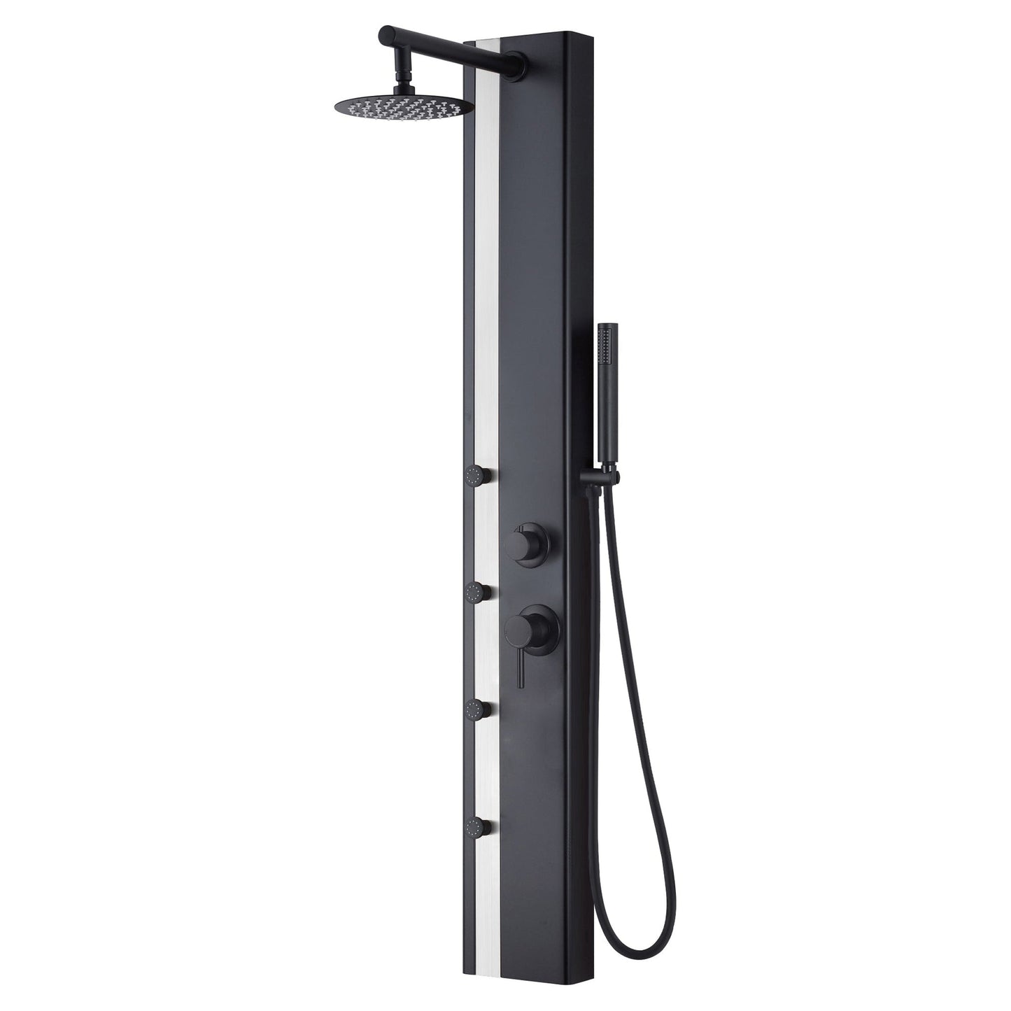 PULSE ShowerSpas Eclipse 57" Rain Shower Panel 2.5 GPM in Matte Black and Brushed Stainless Steel Finish With 4-Body Jet and Handheld Shower