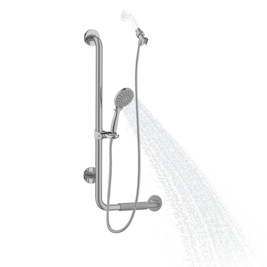 PULSE ShowerSpas Ergo Slide Bar and Grab Bar Left Installation in Brushed Stainless Steel Finish With Multi Function Hand Shower