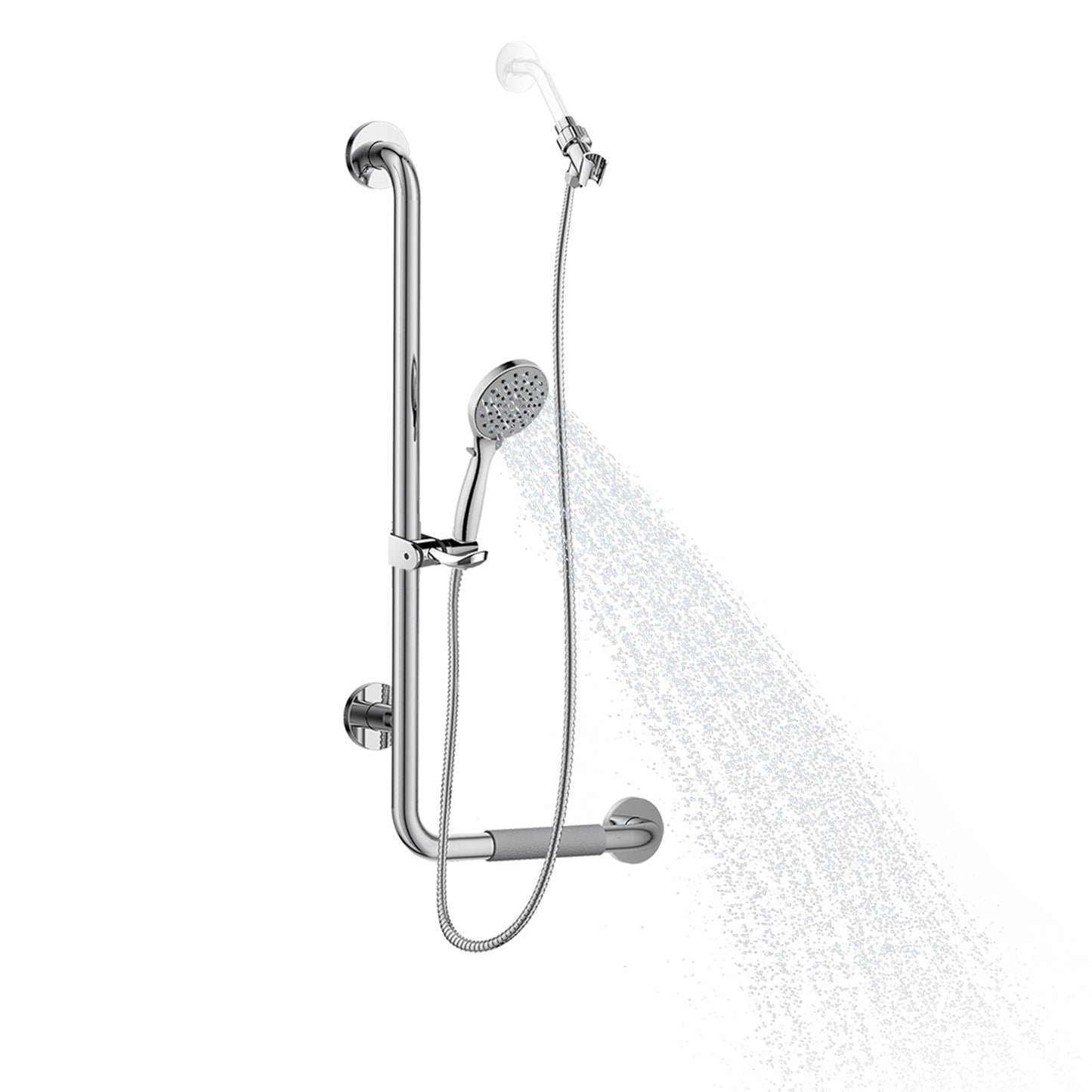 PULSE ShowerSpas Ergo Slide Bar and Grab Bar Left Installation in Polished Stainless Steel Finish With Multi Function Hand Shower