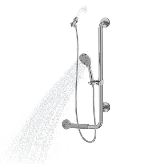 PULSE ShowerSpas Ergo Slide Bar and Grab Bar Right Installation in Brushed Stainless Steel With Multi Function Hand Shower