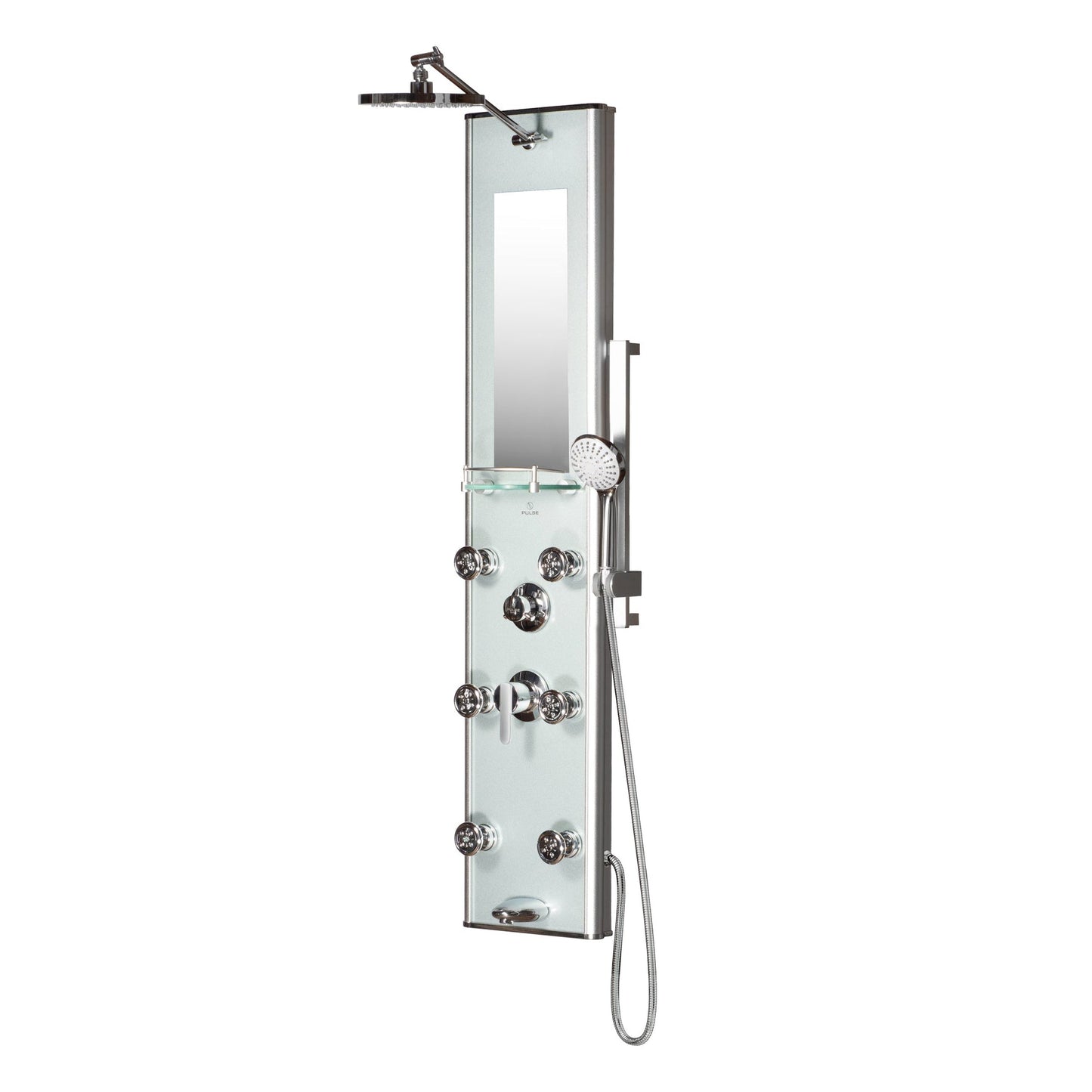 PULSE ShowerSpas Kihei II 54" Rain Shower Panel in Silver Glass Chrome Finish With 6-Body Jet and Multi Function Hand Shower