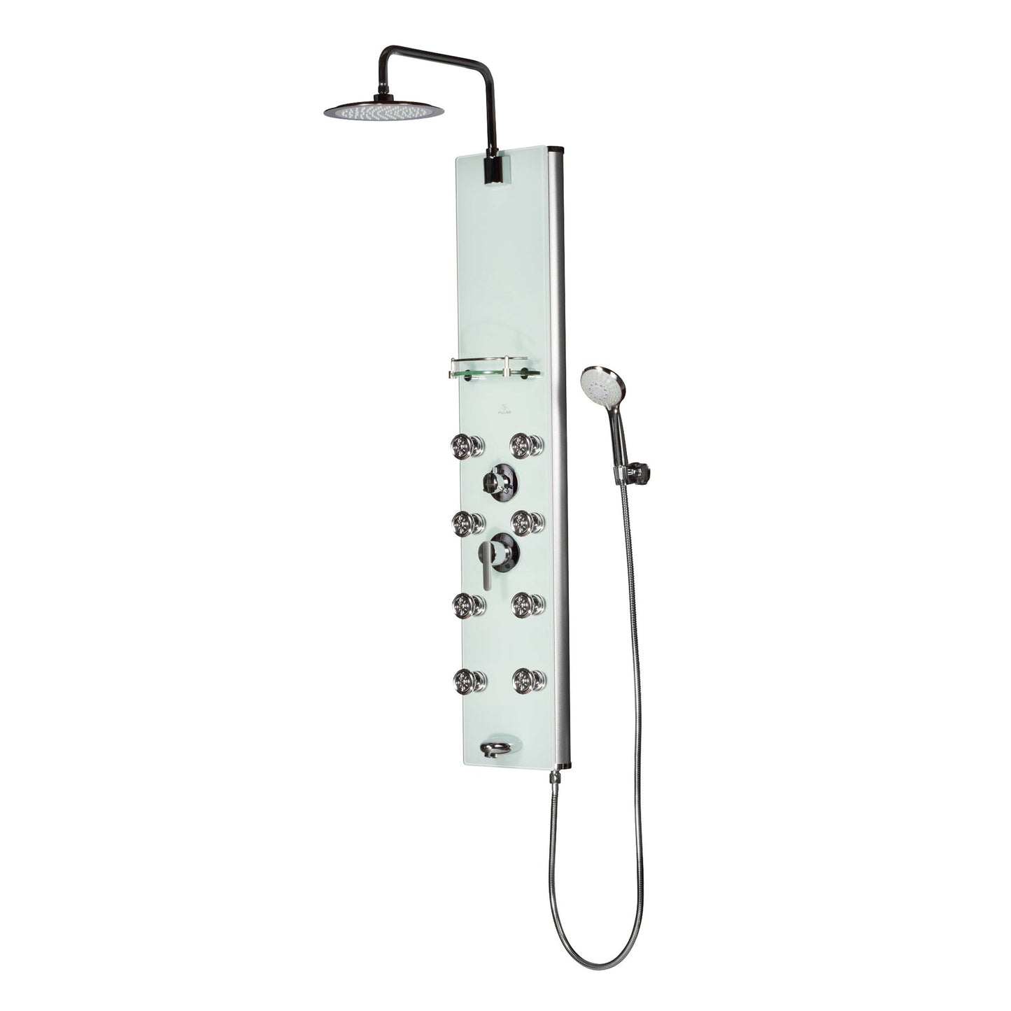 PULSE ShowerSpas Lahaina 58" Rain Shower Panel in Seafoam Colored Tempered Glass Finish With 8-Power Spray Body Jet and Multi Function Hand Shower