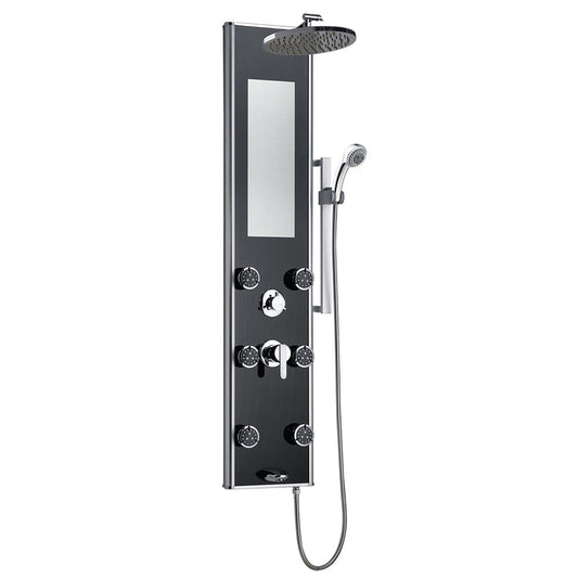 PULSE ShowerSpas Leilani 54" Rain Shower Panel in Black Glass and Chrome Finish With 6-Dual Function Body Jet and Multi Function Hand Shower