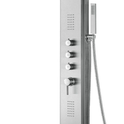 PULSE ShowerSpas Malibu Rain Shower Panel in Brushed Stainless Steel Finish With Oversized Body Jets and Flat Wand Hand Shower