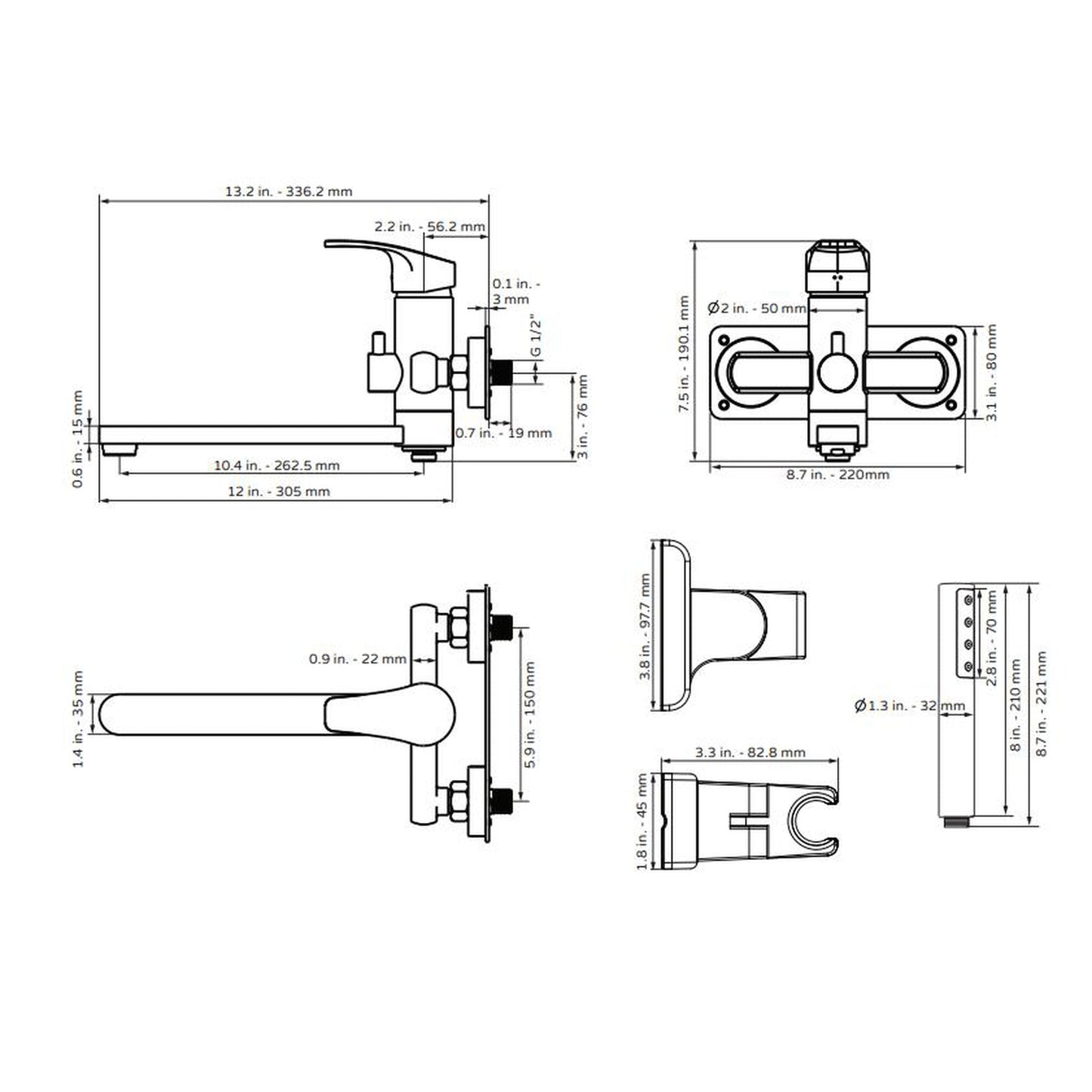 PULSE ShowerSpas Niagra Wall Mounted High Flow Tub Filler in Chrome Finish With Single Function Hand Shower